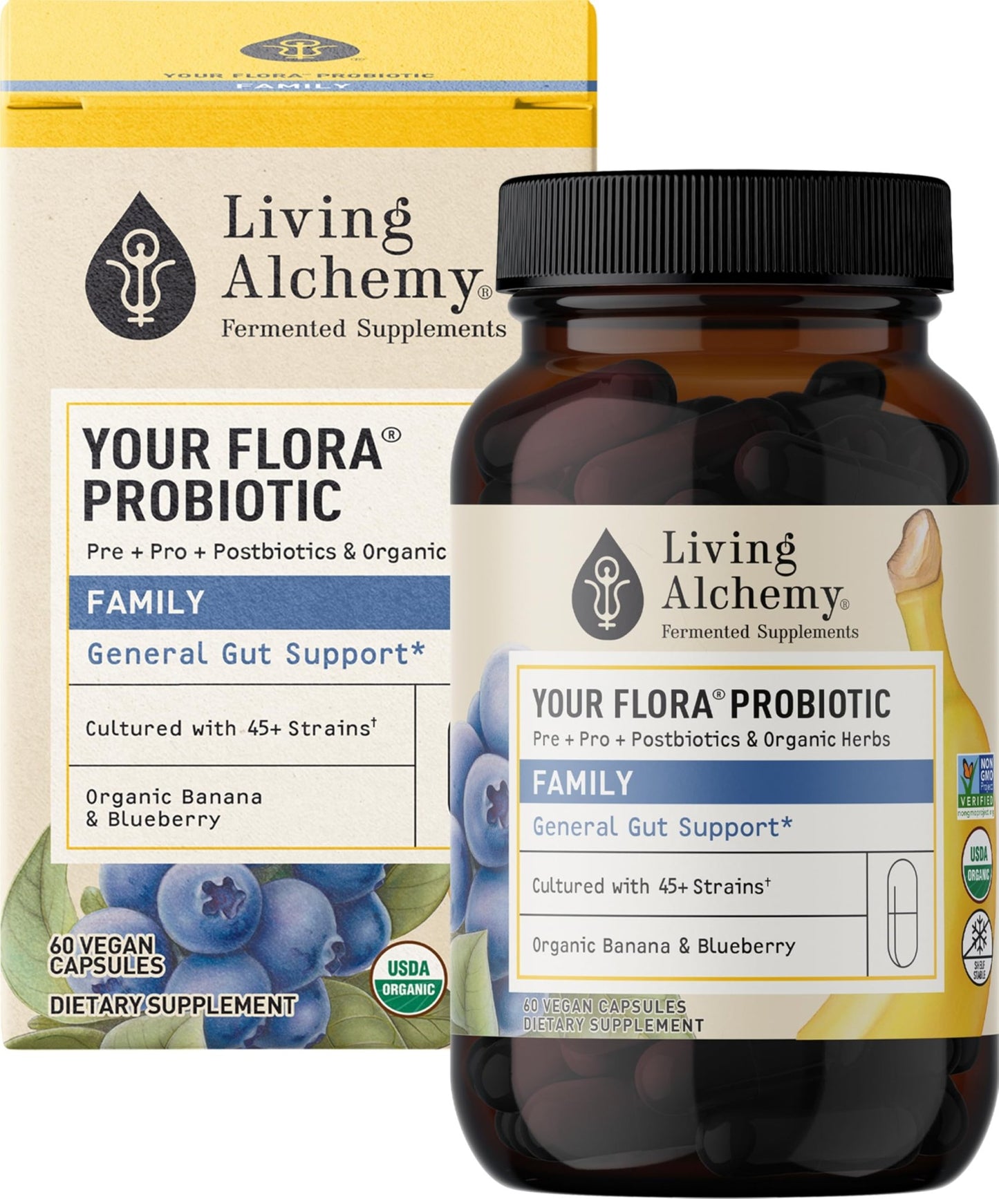 Your Flora Probiotic Family – Non-GMO Probiotics with Fermented Soybean, Banana, & Blueberry for Digestion & Gut Support – Prebiotics, Postbiotics, Digestive Enzymes – Living Alchemy, 60 Capsules - dailyvitalstore