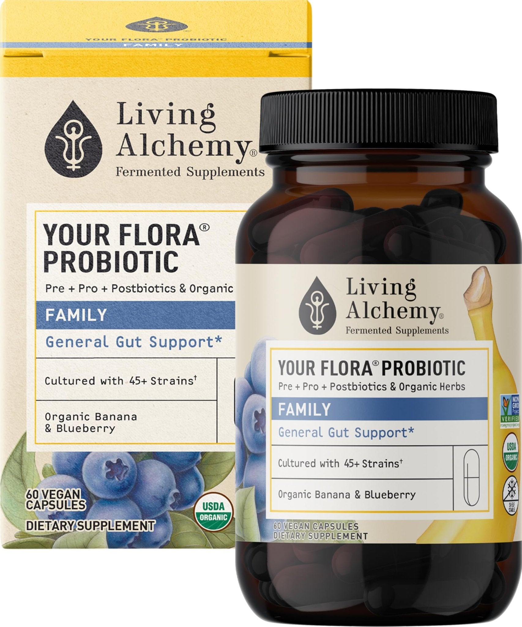 Your Flora Probiotic Family – Non-GMO Probiotics with Fermented Soybean, Banana, & Blueberry for Digestion & Gut Support – Prebiotics, Postbiotics, Digestive Enzymes – Living Alchemy, 60 Capsules - dailyvitalstore