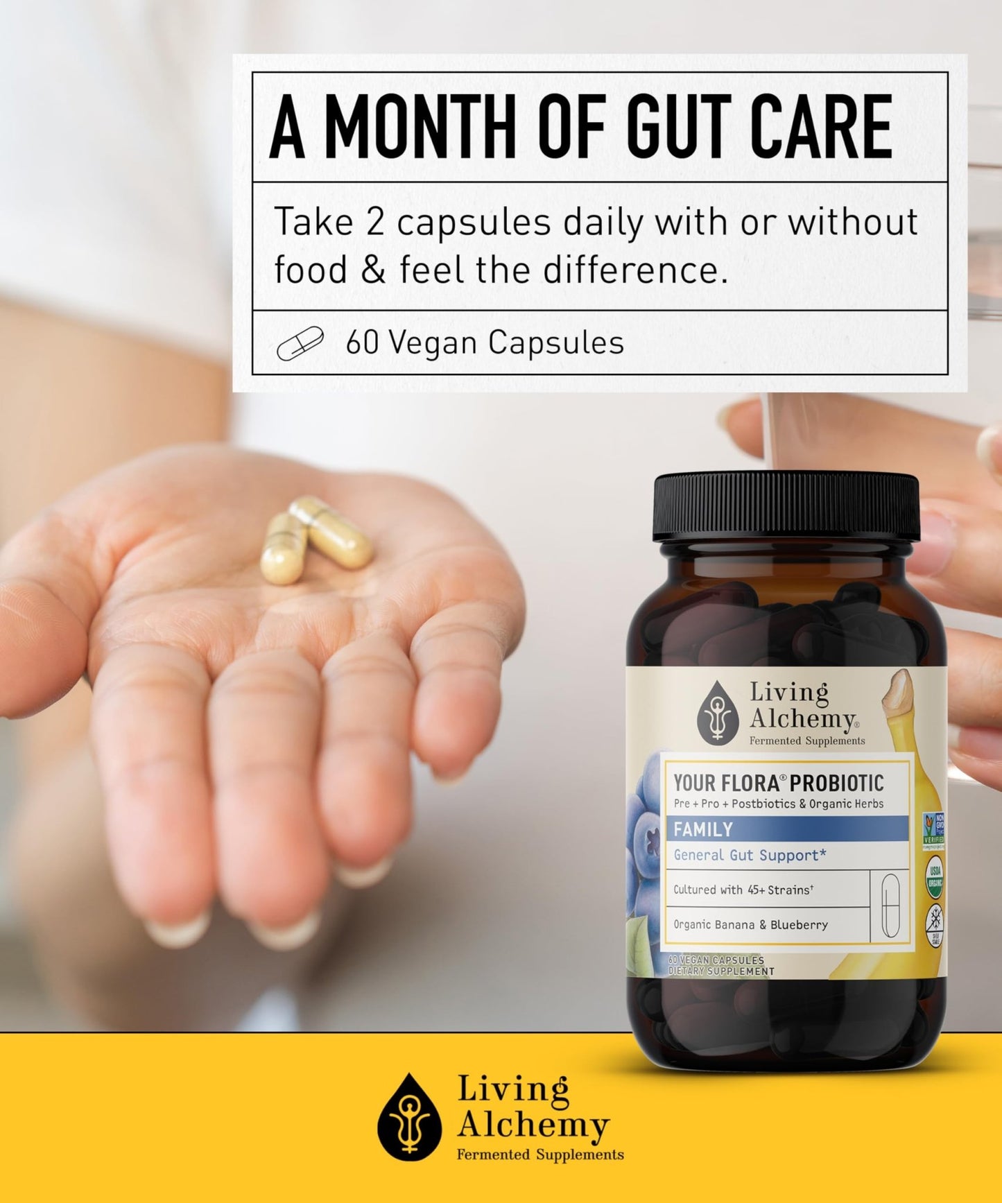 Your Flora Probiotic Family – Non-GMO Probiotics with Fermented Soybean, Banana, & Blueberry for Digestion & Gut Support – Prebiotics, Postbiotics, Digestive Enzymes – Living Alchemy, 60 Capsules - dailyvitalstore