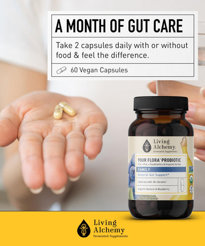 Your Flora Probiotic Family – Non-GMO Probiotics with Fermented Soybean, Banana, & Blueberry for Digestion & Gut Support – Prebiotics, Postbiotics, Digestive Enzymes – Living Alchemy, 60 Capsules - dailyvitalstore