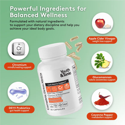 Youth & Tonic Balanced Detox Pills as Complete Gut Cleanse & Carb Matrix Support with ACV, Glucomannan, Chromium for Body Detoxing & Digestive Health, Supplement for Men & Women, Third-Party Tested - dailyvitalstore