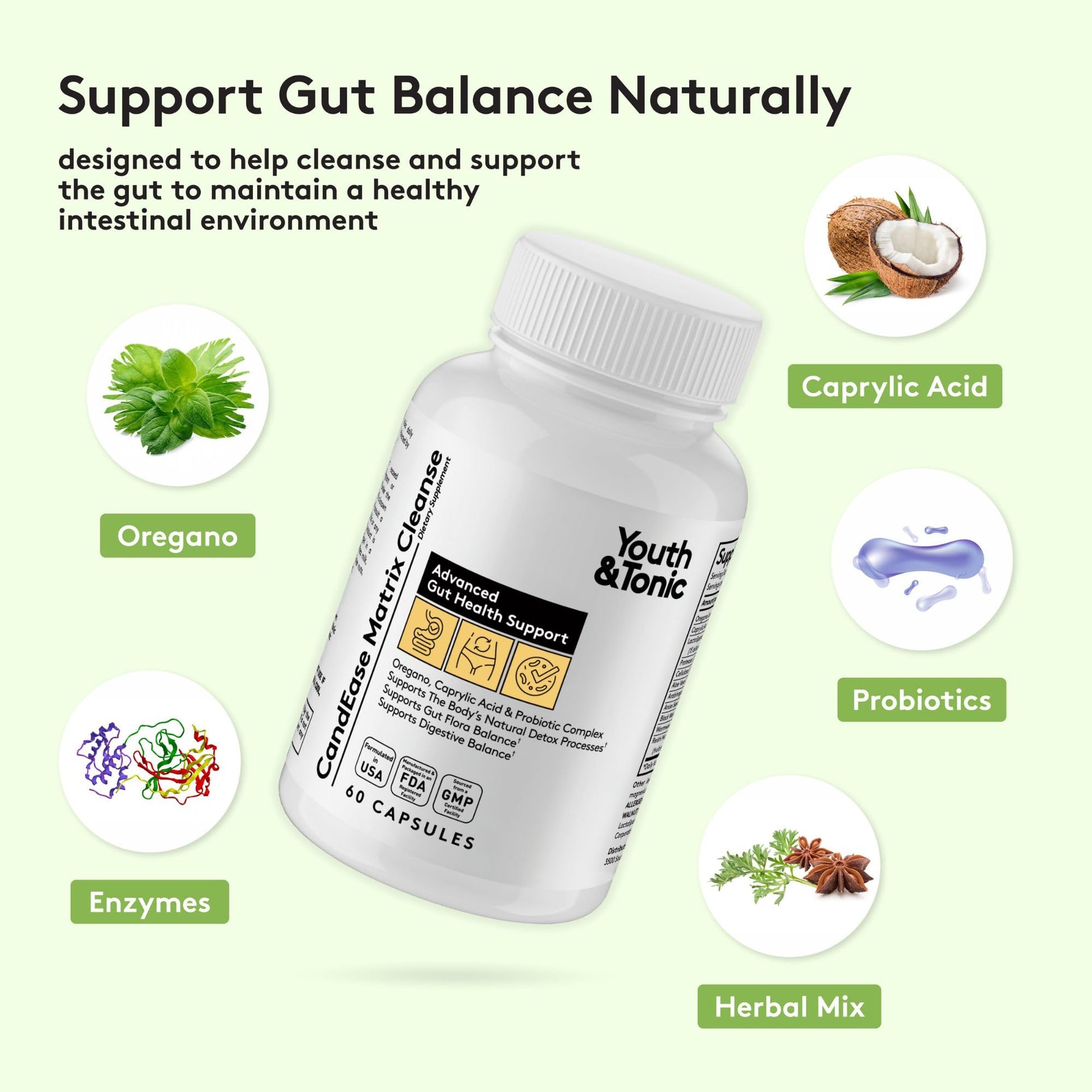 Youth & Tonic CandEase Cleanse Matrix – Overgrowth Support & Gut Health, Intestinal Flora Balance & Body Detox Complex with Oregano, Caprylic Acid - dailyvitalstore