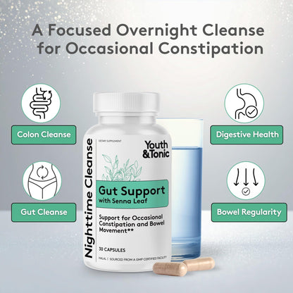 Youth & Tonic Overnight Intestinal Cleanse Supplement for Occasional Constipation Relief, Gut & Colon Cleanse Detox with Senna Leaf, Psyllium Husk Powder - dailyvitalstore