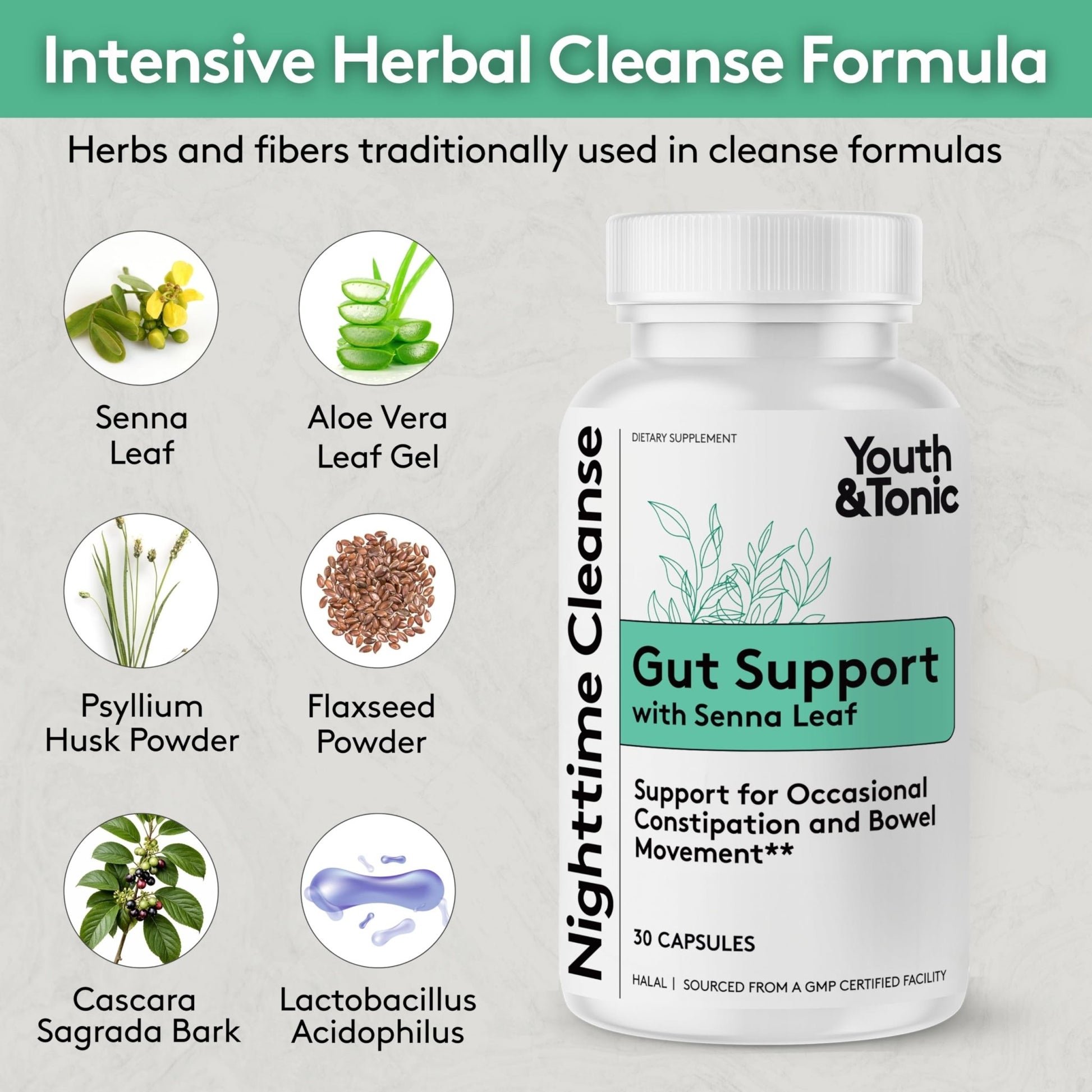 Youth & Tonic Overnight Intestinal Cleanse Supplement for Occasional Constipation Relief, Gut & Colon Cleanse Detox with Senna Leaf, Psyllium Husk Powder - dailyvitalstore