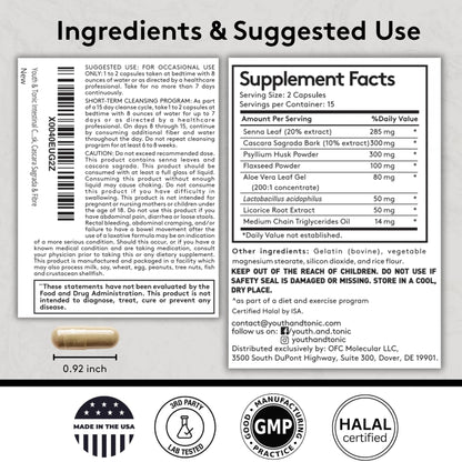 Youth & Tonic Overnight Intestinal Cleanse Supplement for Occasional Constipation Relief, Gut & Colon Cleanse Detox with Senna Leaf, Psyllium Husk Powder - dailyvitalstore
