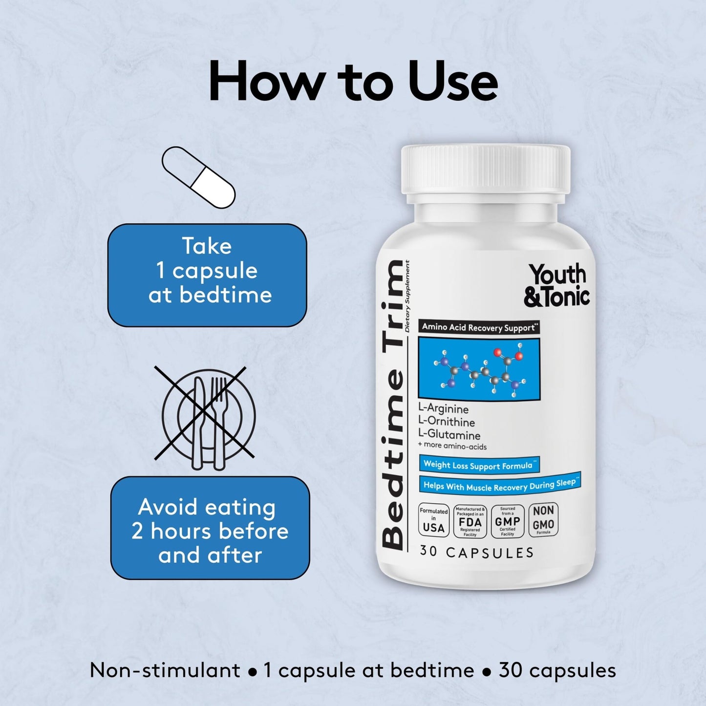 Youth & Tonic PM Bedtime Trim for Lean Appearance & Muscle Definition Support – Nighttime Amino Acids Supplement for Overnight Recovery, Men & Women, 30 Capsules - dailyvitalstore