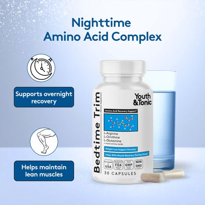 Youth & Tonic PM Bedtime Trim for Lean Appearance & Muscle Definition Support – Nighttime Amino Acids Supplement for Overnight Recovery, Men & Women, 30 Capsules - dailyvitalstore