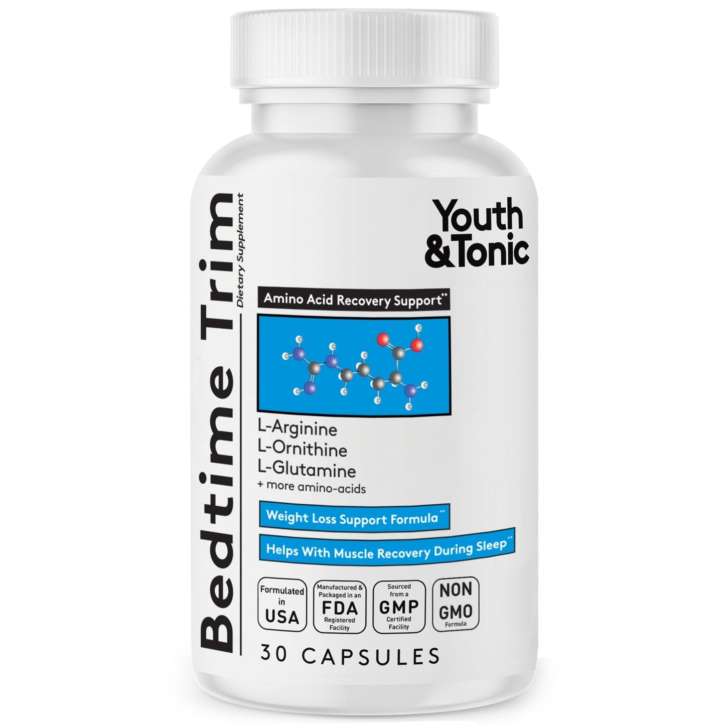 Youth & Tonic PM Bedtime Trim for Lean Appearance & Muscle Definition Support – Nighttime Amino Acids Supplement for Overnight Recovery, Men & Women, 30 Capsules - dailyvitalstore