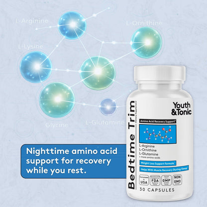 Youth & Tonic PM Bedtime Trim for Lean Appearance & Muscle Definition Support – Nighttime Amino Acids Supplement for Overnight Recovery, Men & Women, 30 Capsules - dailyvitalstore