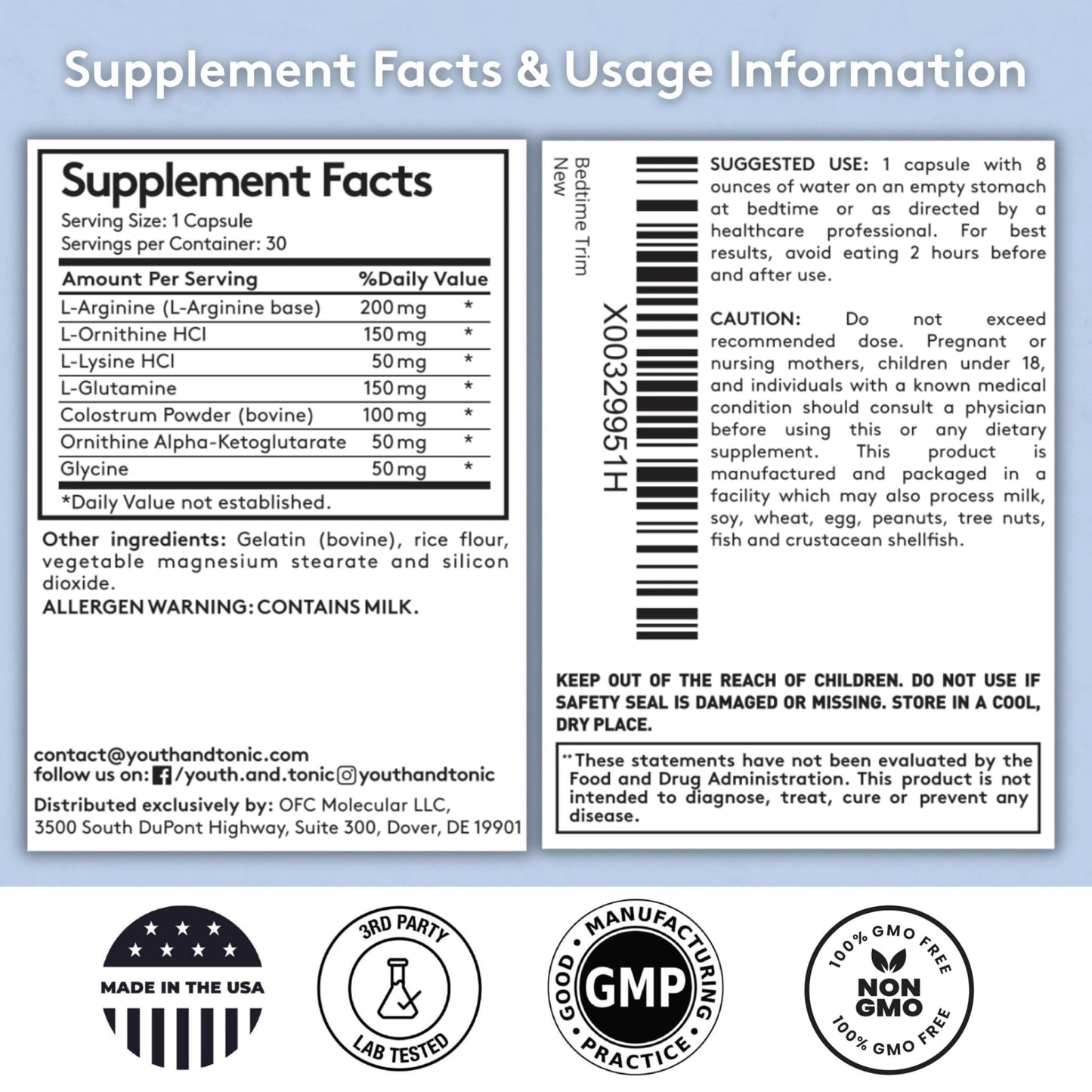 Youth & Tonic PM Bedtime Trim for Lean Appearance & Muscle Definition Support – Nighttime Amino Acids Supplement for Overnight Recovery, Men & Women, 30 Capsules - dailyvitalstore