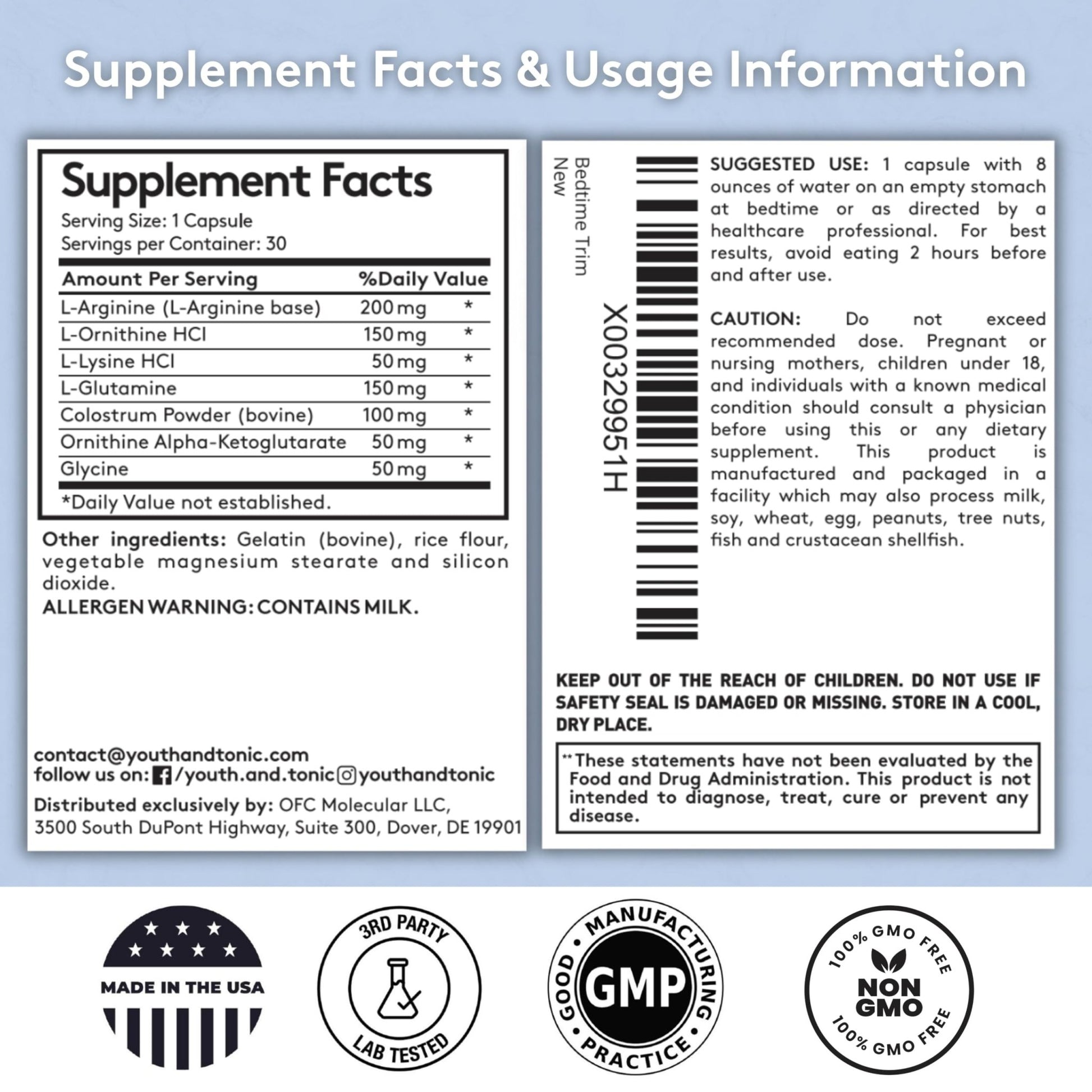 Youth & Tonic PM Bedtime Trim for Lean Appearance & Muscle Definition Support – Nighttime Amino Acids Supplement for Overnight Recovery, Men & Women, 30 Capsules - dailyvitalstore