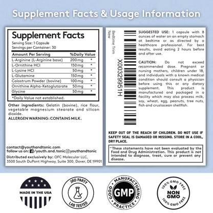 Youth & Tonic PM Bedtime Trim for Lean Appearance & Muscle Definition Support – Nighttime Amino Acids Supplement for Overnight Recovery, Men & Women, 30 Capsules - dailyvitalstore