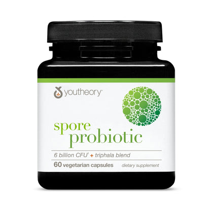 Youtheory Spore Probiotic - Helps Gut Health* - 6 Billion CFU with Prebiotics - Supports Regular Bowel Movement & Diarrhea Relief* - Shelf Stable - 60 Vegetarian Capsules (30-Day Supply) - dailyvitalstore