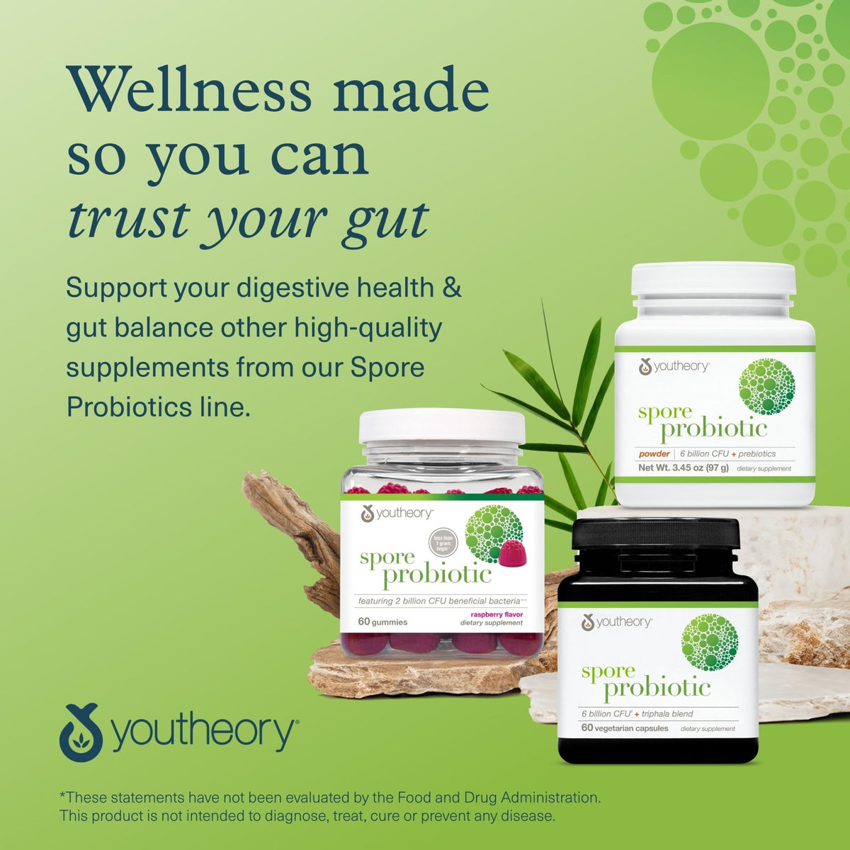 Youtheory Spore Probiotic - Helps Gut Health* - 6 Billion CFU with Prebiotics - Supports Regular Bowel Movement & Diarrhea Relief* - Shelf Stable - 60 Vegetarian Capsules (30-Day Supply) - dailyvitalstore