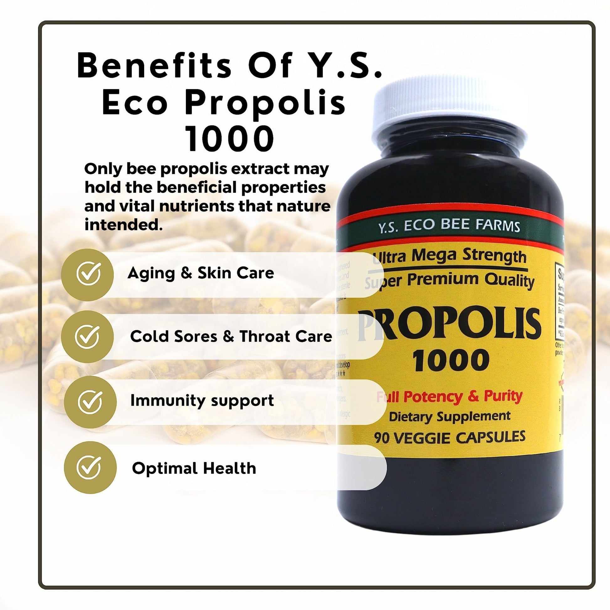 Y.S. Organic Bee Farms Propolis-Raw Unprocessed 1000mg - Your Gateway to Wellness - 90 Capsules with Bonus worldwidenutrition Multi Purpose Key Chain - dailyvitalstore