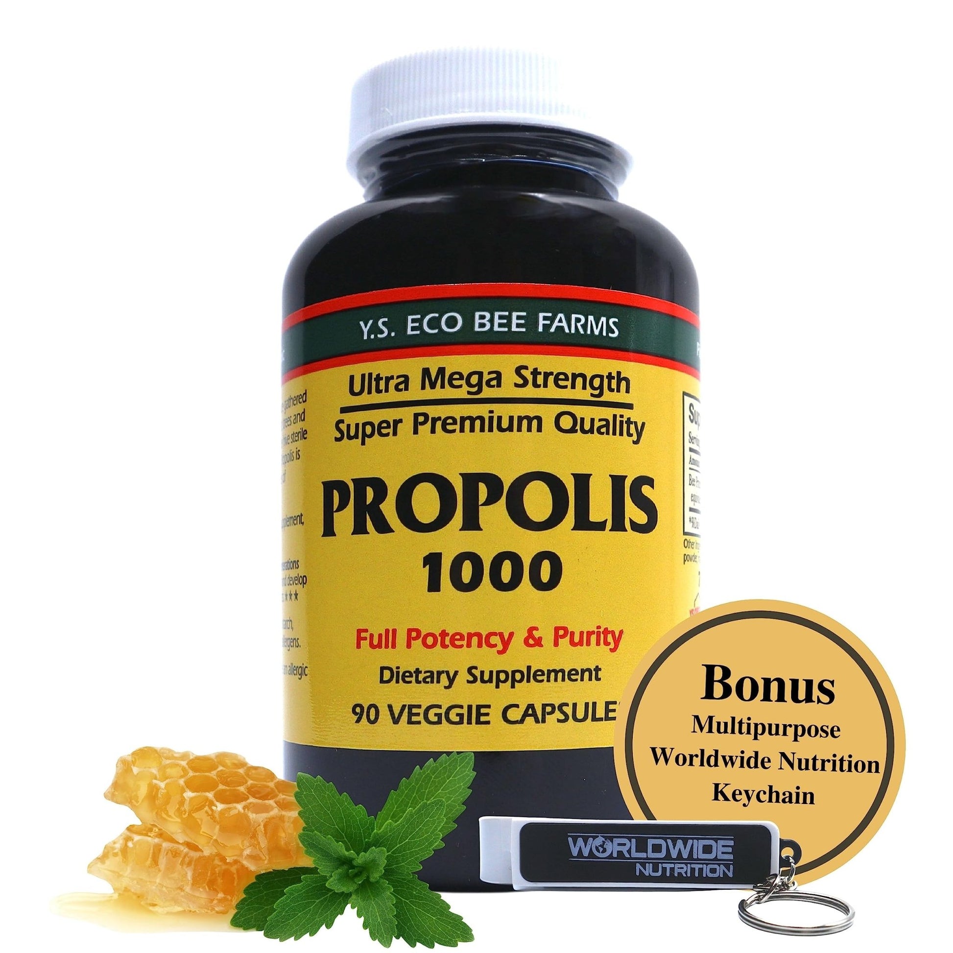 Y.S. Organic Bee Farms Propolis-Raw Unprocessed 1000mg - Your Gateway to Wellness - 90 Capsules with Bonus worldwidenutrition Multi Purpose Key Chain - dailyvitalstore