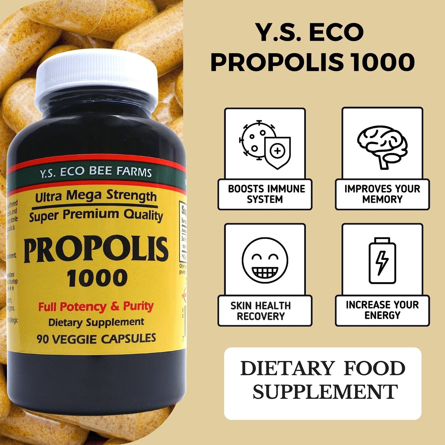 Y.S. Organic Bee Farms Propolis-Raw Unprocessed 1000mg - Your Gateway to Wellness - 90 Capsules with Bonus worldwidenutrition Multi Purpose Key Chain - dailyvitalstore