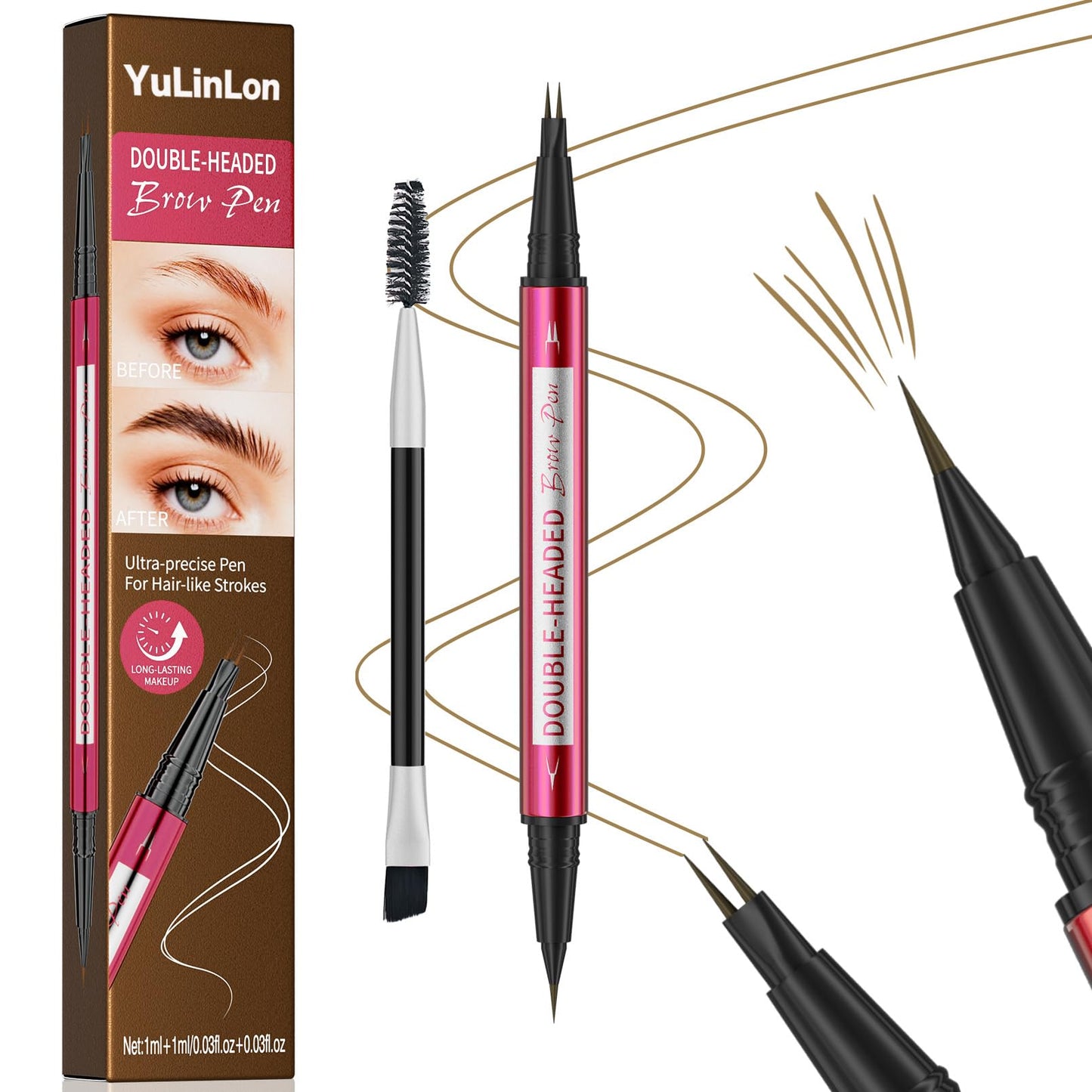 YuLinLon Double-Headed Brow Pen, Ultra-Precise Hair-Like Strokes, Long-Lasting Waterproof Makeup, Available in 5 Natural Shades (3Dark Brown) - dailyvitalstore