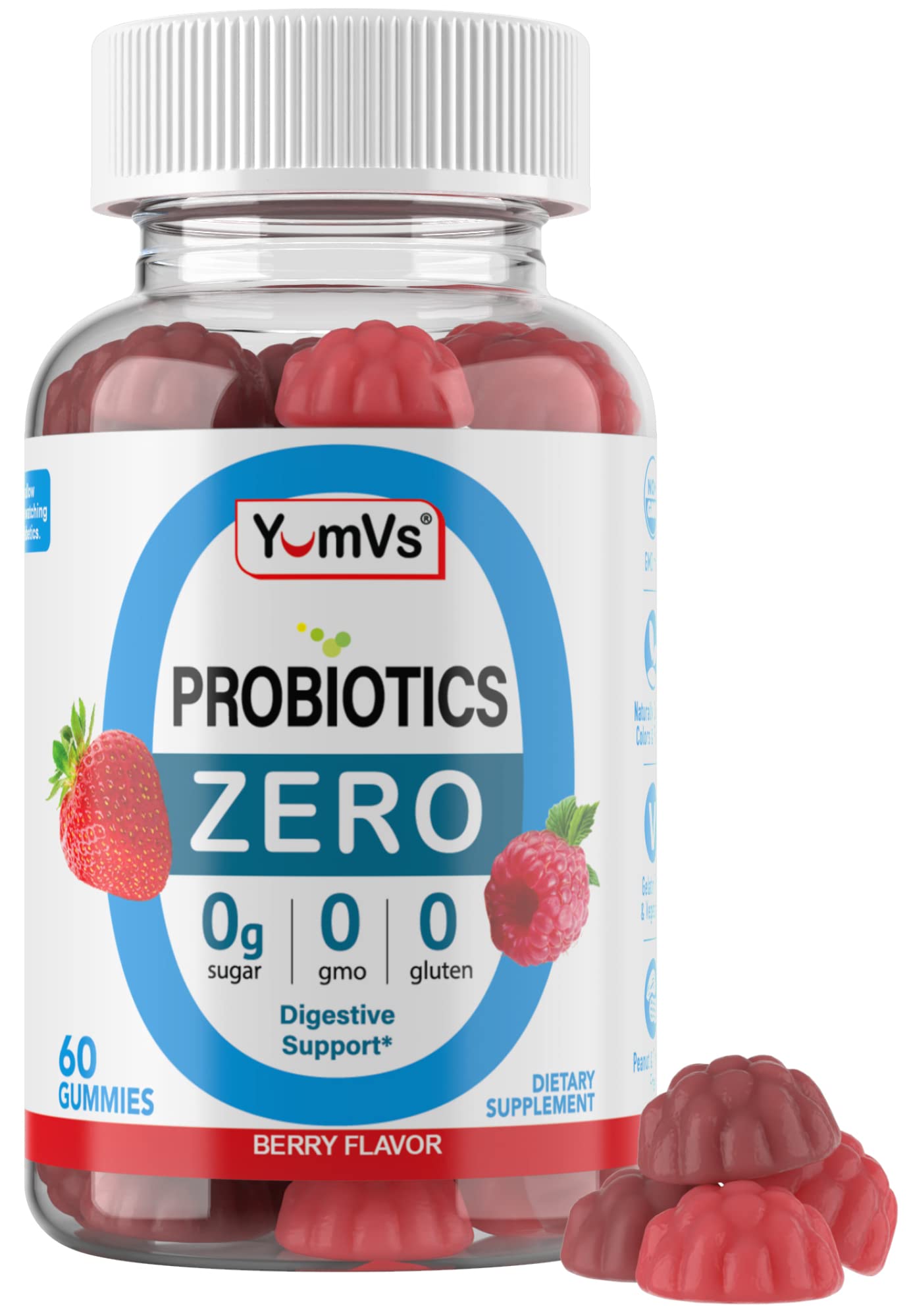 YUM-V'S Sugar Free Probiotic Gummies - Probiotics for Men & Women to Help Support Digestive Function – Adults & Kids Probiotic with 5 Billion CFU Bacillus Coagulans – Vegan & Gluten-Free (60 Count) - dailyvitalstore
