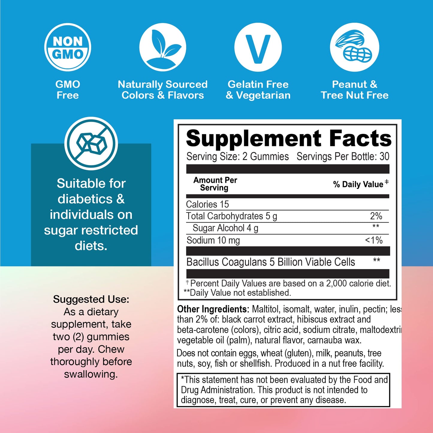 YUM-V'S Sugar Free Probiotic Gummies - Probiotics for Men & Women to Help Support Digestive Function – Adults & Kids Probiotic with 5 Billion CFU Bacillus Coagulans – Vegan & Gluten-Free (60 Count) - dailyvitalstore