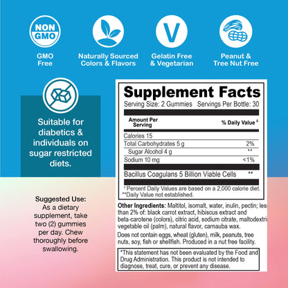 YUM-V'S Sugar Free Probiotic Gummies - Probiotics for Men & Women to Help Support Digestive Function – Adults & Kids Probiotic with 5 Billion CFU Bacillus Coagulans – Vegan & Gluten-Free (60 Count) - dailyvitalstore