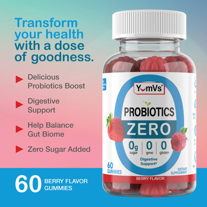 YUM-V'S Sugar Free Probiotic Gummies - Probiotics for Men & Women to Help Support Digestive Function – Adults & Kids Probiotic with 5 Billion CFU Bacillus Coagulans – Vegan & Gluten-Free (60 Count) - dailyvitalstore