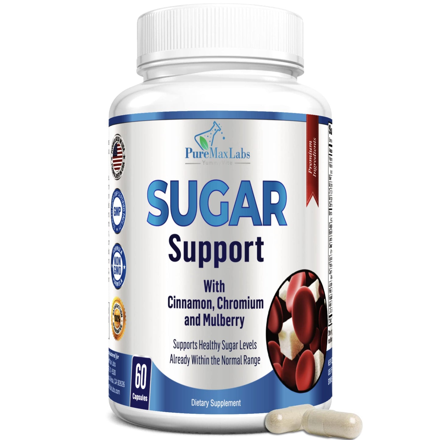 YUMMYVITE Sugar Support Supplement with Cinnamon, Chromium, Mulberry, Alpha Lipoic Acid - 20 Herbs & Vitamins - Non-GMO, 60 Capsules - dailyvitalstore