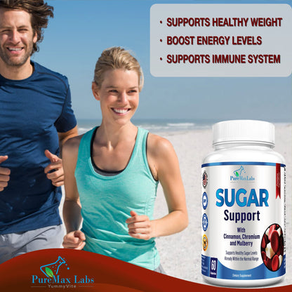 YUMMYVITE Sugar Support Supplement with Cinnamon, Chromium, Mulberry, Alpha Lipoic Acid - 20 Herbs & Vitamins - Non-GMO, 60 Capsules - dailyvitalstore
