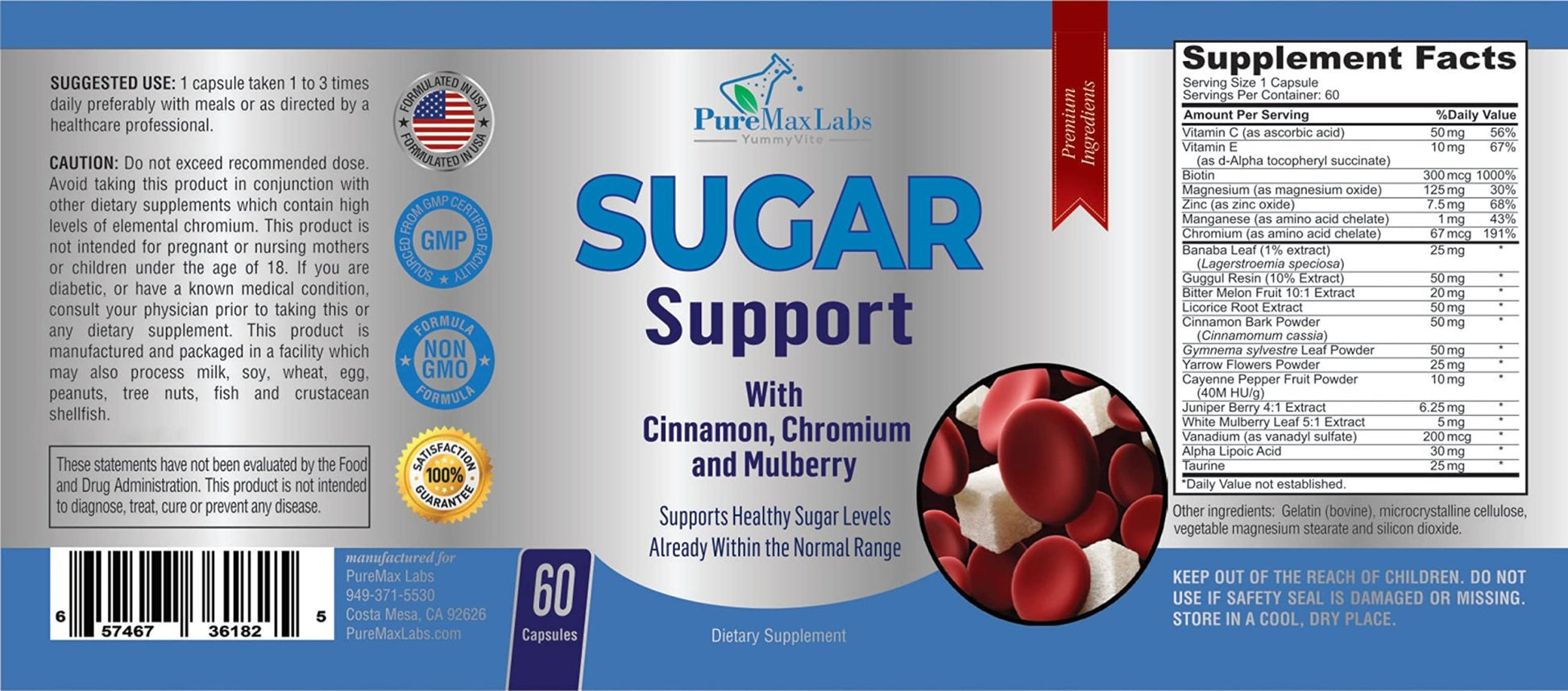YUMMYVITE Sugar Support Supplement with Cinnamon, Chromium, Mulberry, Alpha Lipoic Acid - 20 Herbs & Vitamins - Non-GMO, 60 Capsules - dailyvitalstore