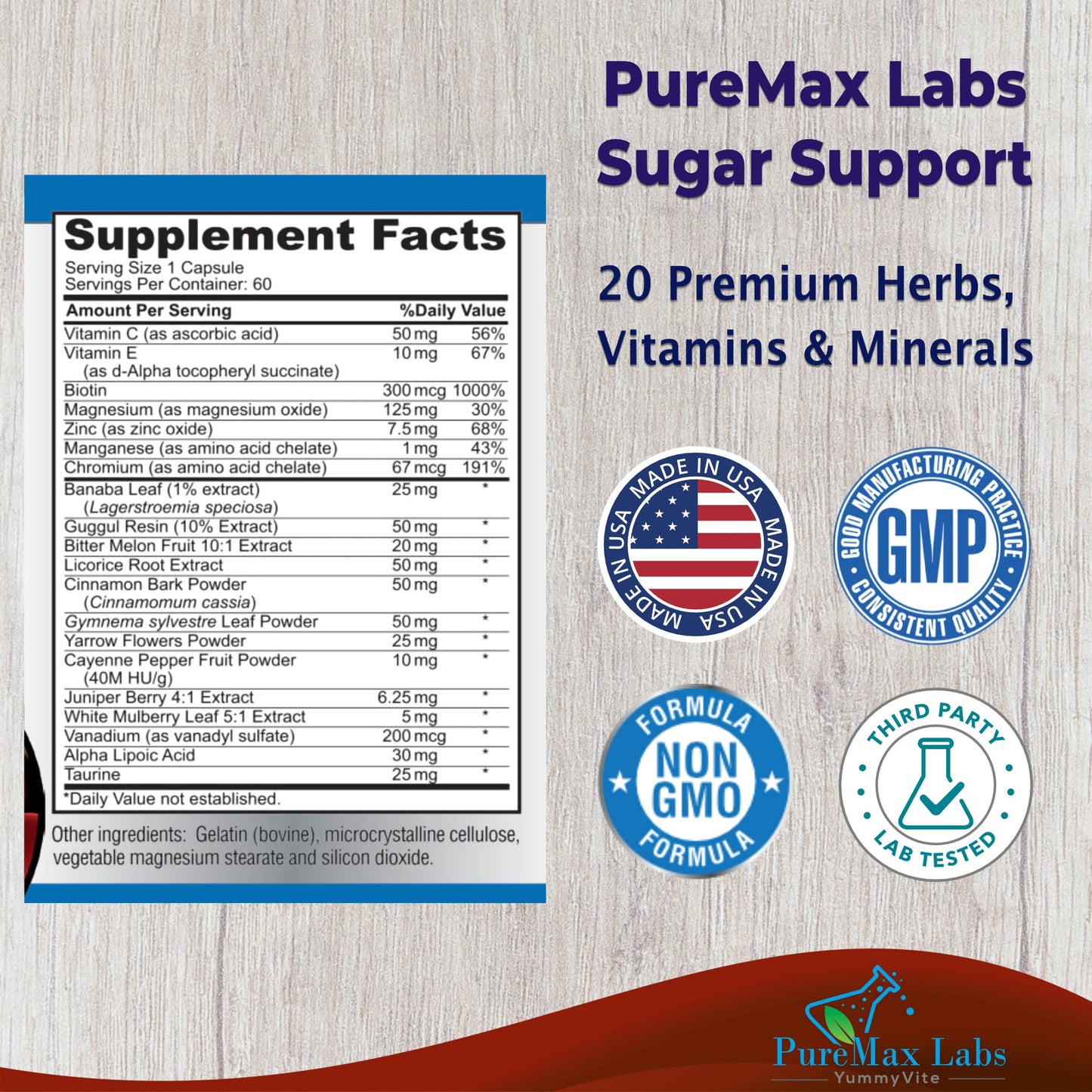 YUMMYVITE Sugar Support Supplement with Cinnamon, Chromium, Mulberry, Alpha Lipoic Acid - 20 Herbs & Vitamins - Non-GMO, 60 Capsules - dailyvitalstore
