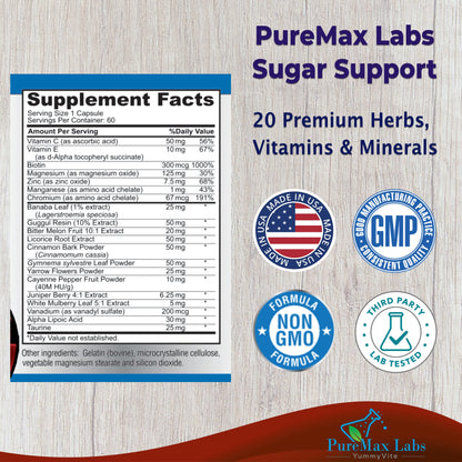 YUMMYVITE Sugar Support Supplement with Cinnamon, Chromium, Mulberry, Alpha Lipoic Acid - 20 Herbs & Vitamins - Non-GMO, 60 Capsules - dailyvitalstore