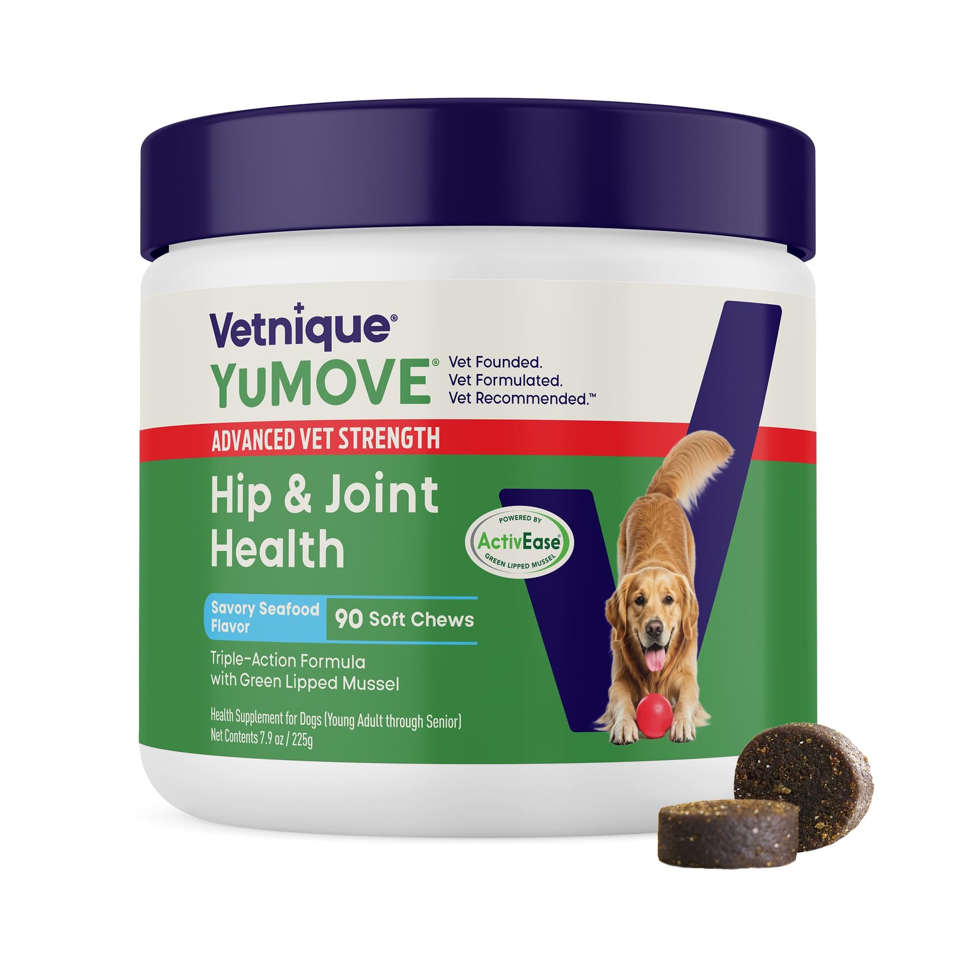 Yumove Hip & Joint Supplement for Dogs with Glucosamine, Hyaluronic Acid, Green Lipped Mussel & Omega 3 Joint Supplement - Regular or Advanced Strength (90 Count, Advanced Vet Strength Soft Chews) - dailyvitalstore