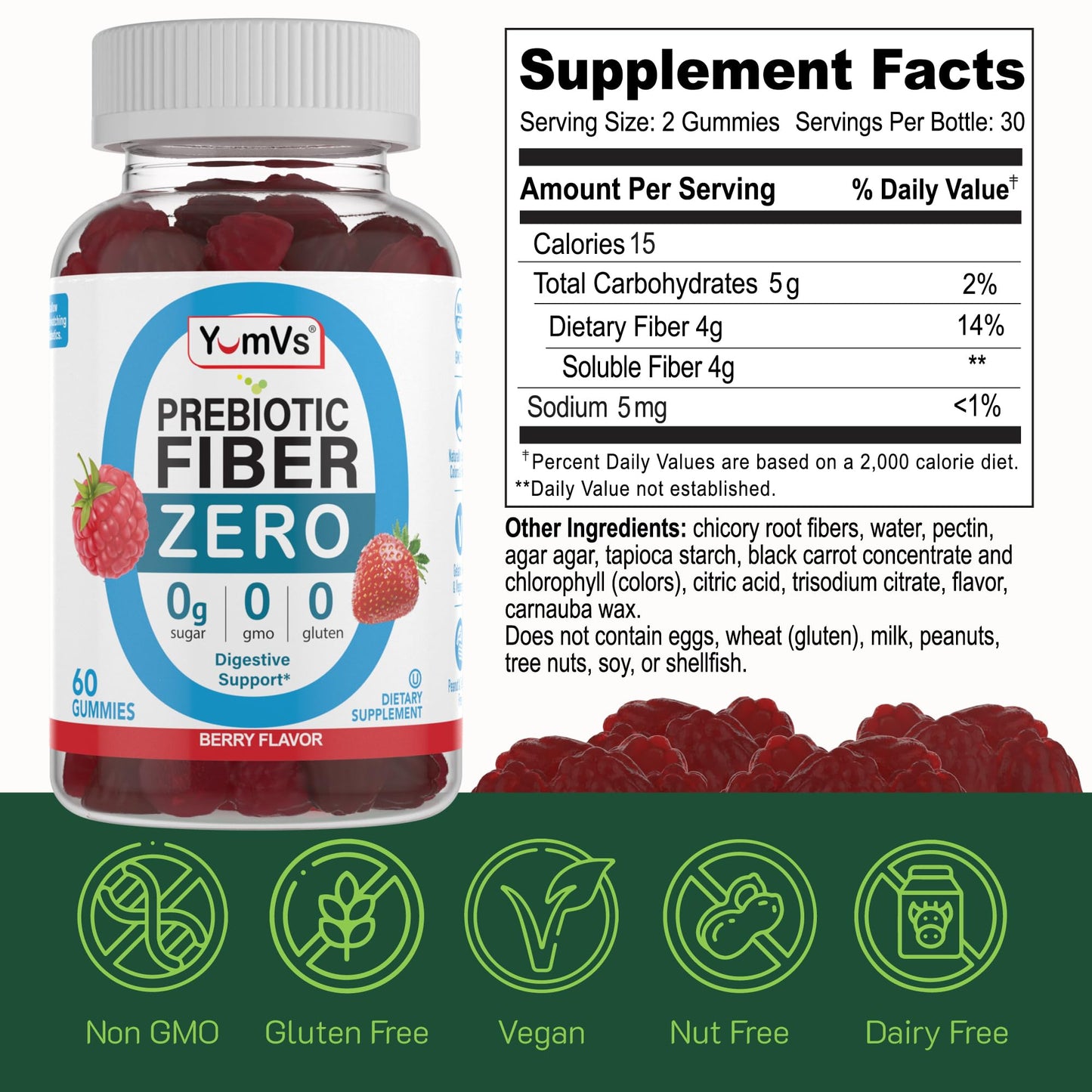 YumVs Sugar Free Prebiotic Fiber Gummies for Adults and Kids - Berry Flavor - Kosher Halal 4g High Fiber Supplement for Women and Men - dailyvitalstore