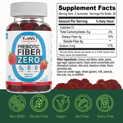 YumVs Sugar Free Prebiotic Fiber Gummies for Adults and Kids - Berry Flavor - Kosher Halal 4g High Fiber Supplement for Women and Men - dailyvitalstore