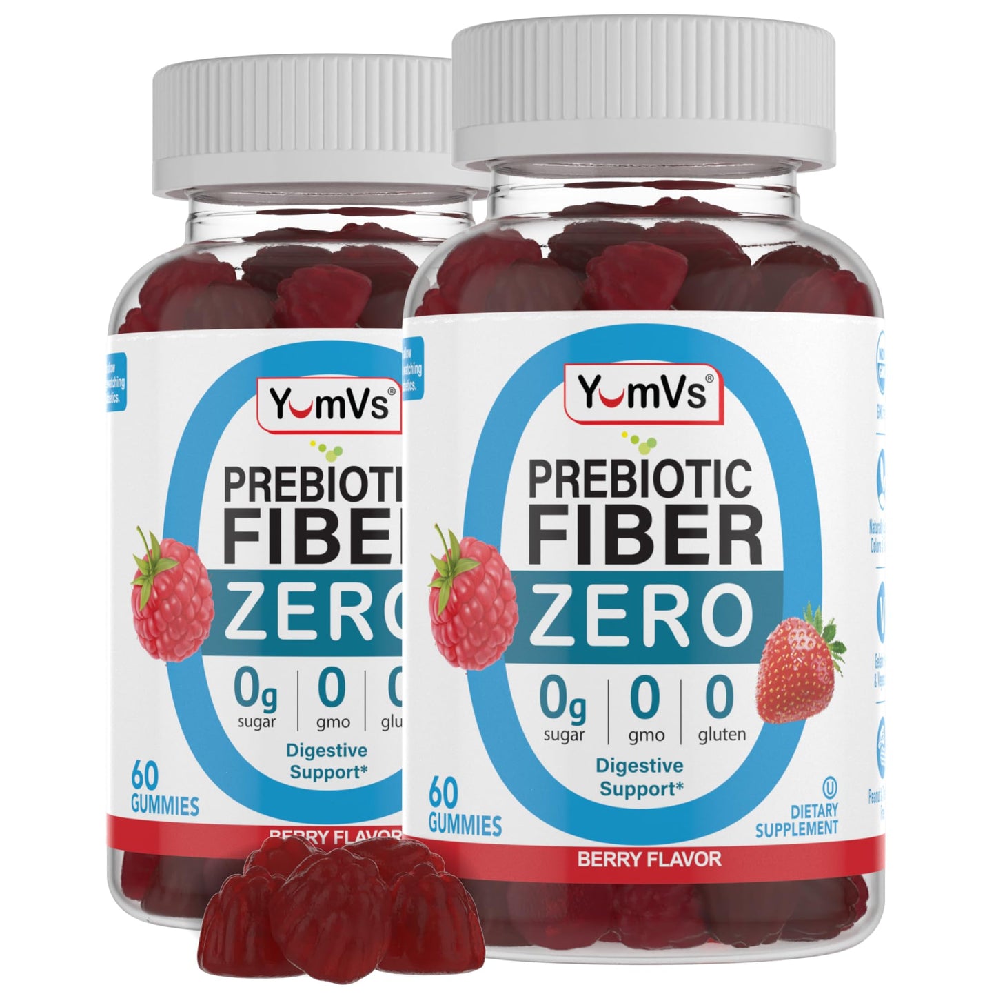 YumVs Sugar Free Prebiotic Fiber Gummies for Adults and Kids - Berry Flavor - Kosher Halal 4g High Fiber Supplement for Women and Men - dailyvitalstore