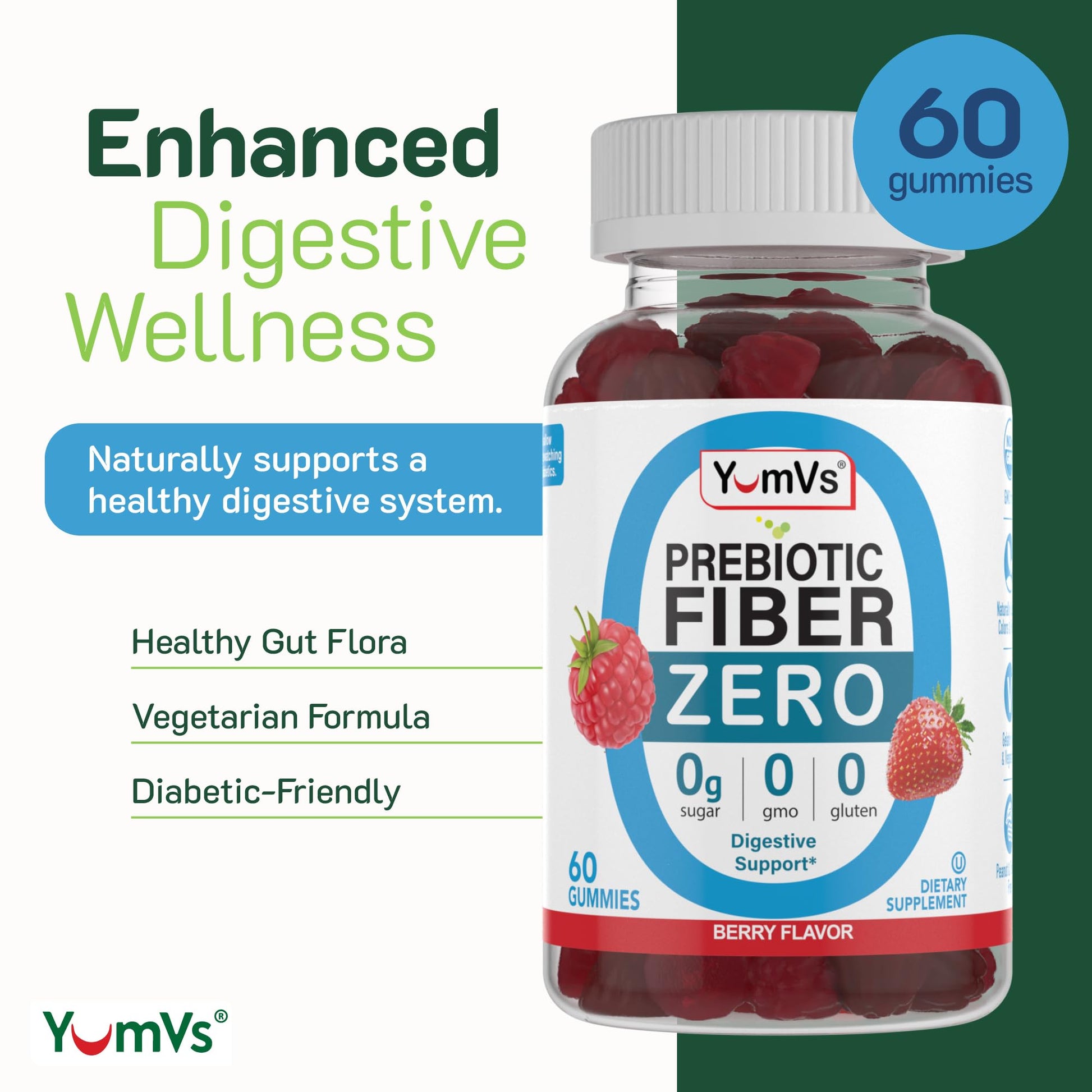 YumVs Sugar Free Prebiotic Fiber Gummies for Adults and Kids - Berry Flavor - Kosher Halal 4g High Fiber Supplement for Women and Men - dailyvitalstore