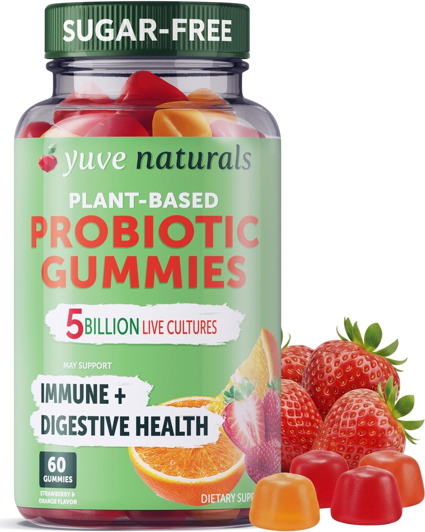 Yuve Natural Sugar Free Probiotic Gummies 5 Billion CFU, Helps with Constipation, Bloating & Leaky Gut - Vegan, Gluten-Free & Non-GMO - 60ct - dailyvitalstore