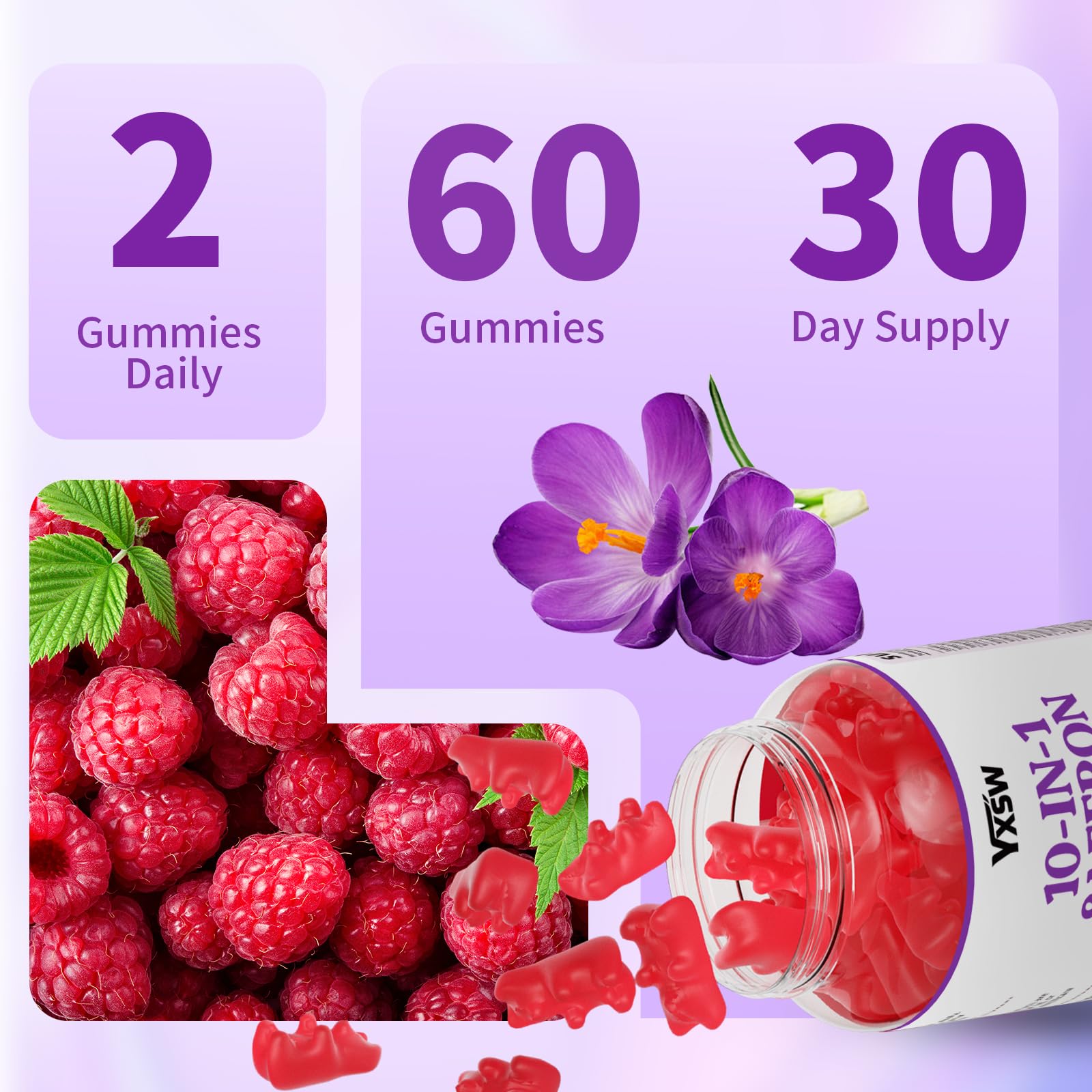 YXSW Saffron Gummies, Saffron Supplements for Kids & Adults with Ashwagandha, L-Theanine, Lemon Balm, Vitamin D3, B6, Magnesium & Zinc - Support Focus, Relaxation, Raspberry Flavor, 120 Count - dailyvitalstore