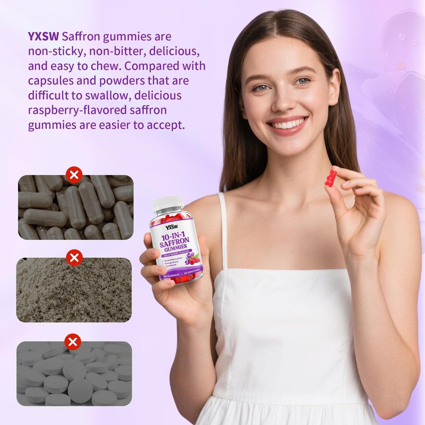 YXSW Saffron Gummies, Saffron Supplements for Kids & Adults with Ashwagandha, L-Theanine, Lemon Balm, Vitamin D3, B6, Magnesium & Zinc - Support Focus, Relaxation, Raspberry Flavor, 120 Count - dailyvitalstore