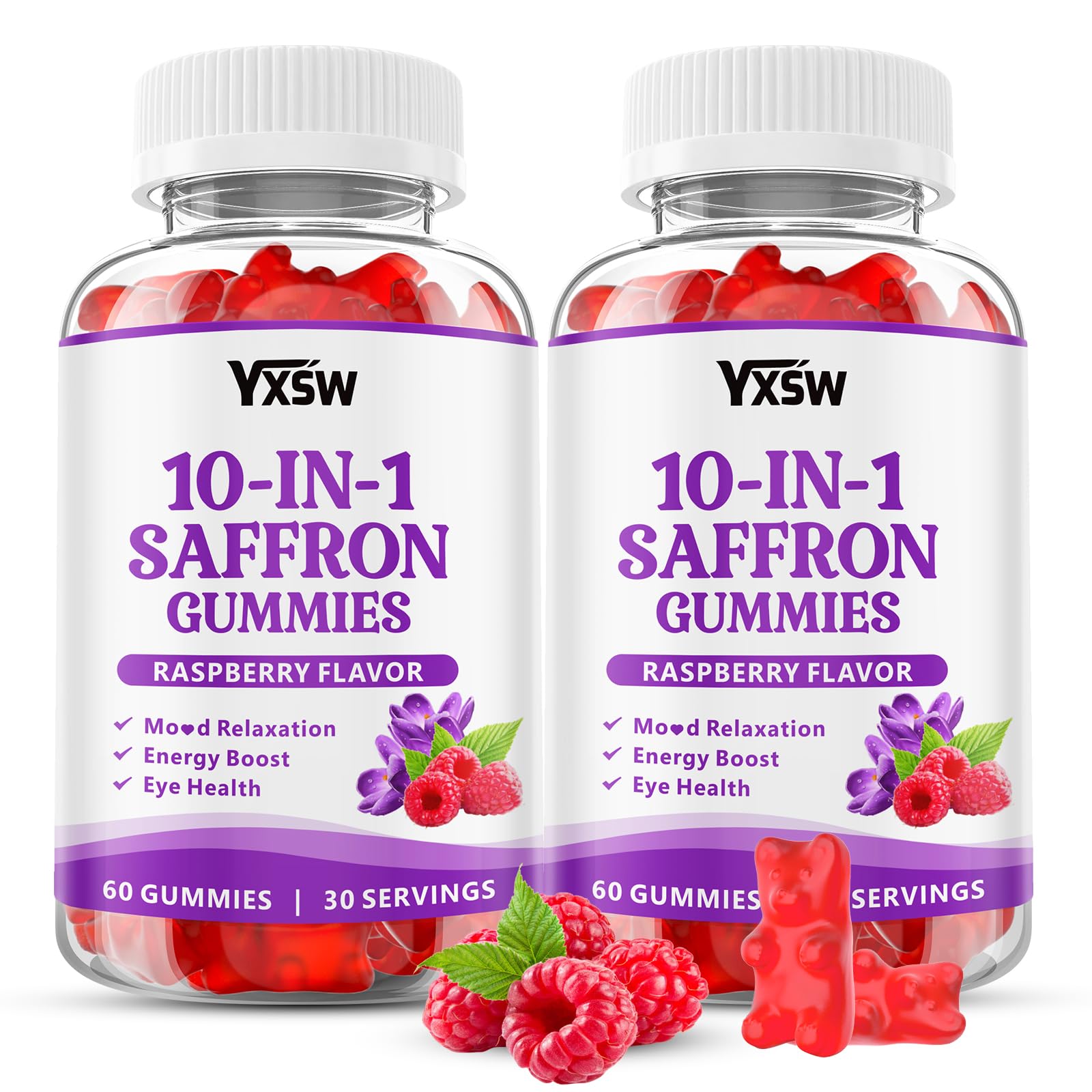 YXSW Saffron Gummies, Saffron Supplements for Kids & Adults with Ashwagandha, L-Theanine, Lemon Balm, Vitamin D3, B6, Magnesium & Zinc - Support Focus, Relaxation, Raspberry Flavor, 120 Count - dailyvitalstore
