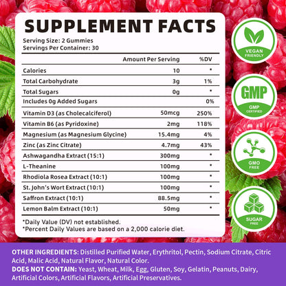 YXSW Saffron Gummies, Saffron Supplements for Kids & Adults with Ashwagandha, L-Theanine, Lemon Balm, Vitamin D3, B6, Magnesium & Zinc - Support Focus, Relaxation, Raspberry Flavor, 120 Count - dailyvitalstore