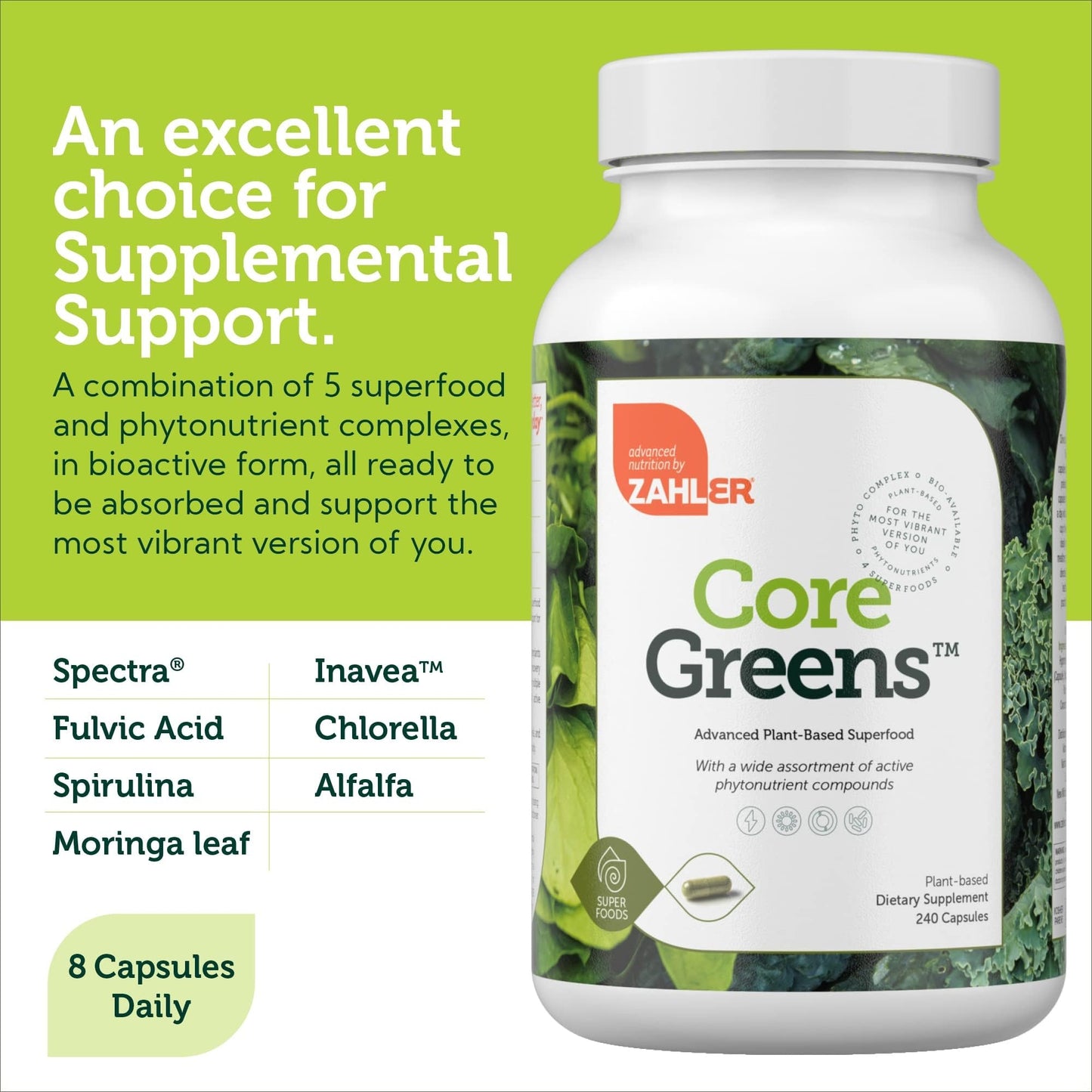 Zahler Core Greens, Superfood Greens Capsules, Super Greens with Spirulina, Chlorella, Spectra Blend and More, Kosher, 240 Capsule (240 Capsules) - dailyvitalstore