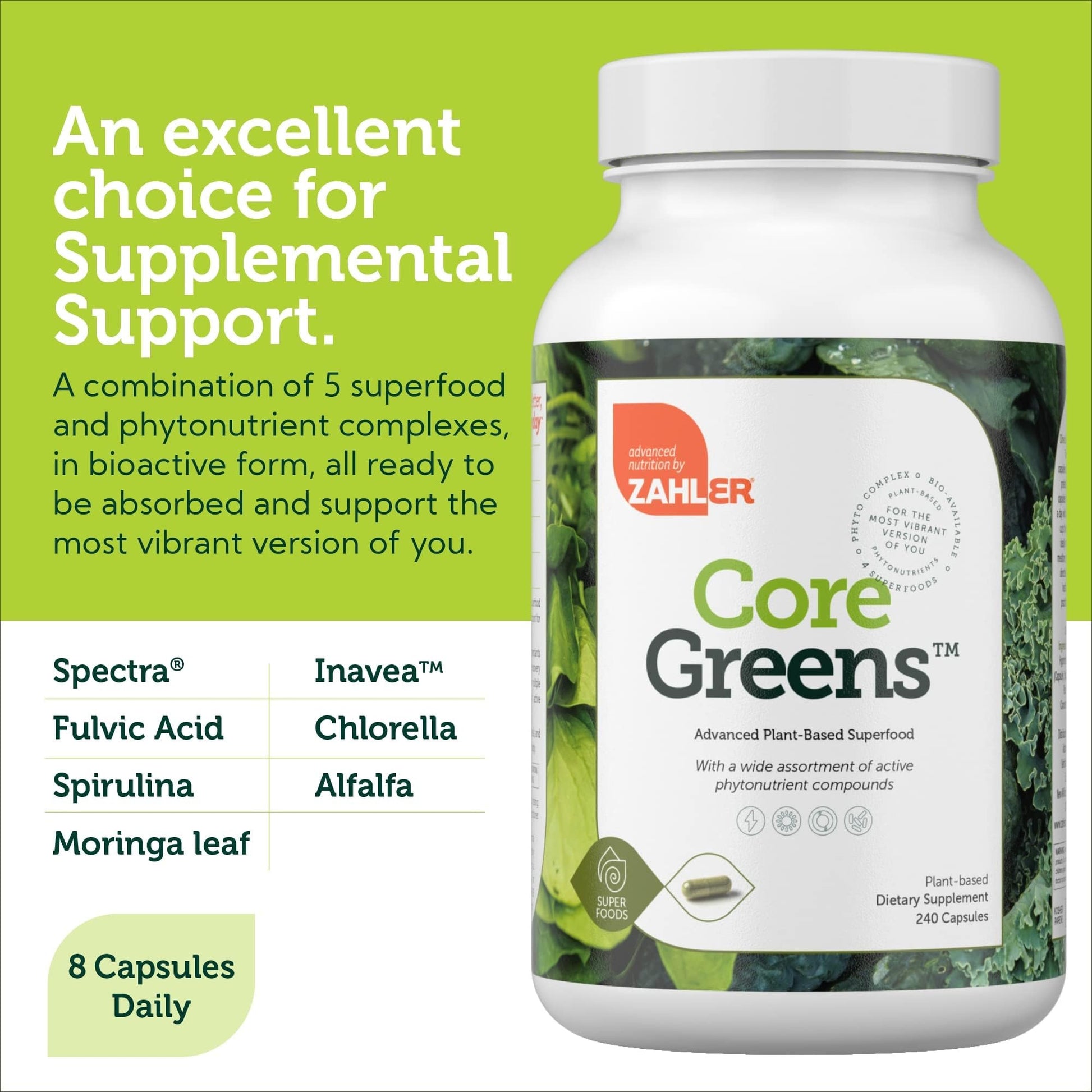 Zahler Core Greens, Superfood Greens Capsules, Super Greens with Spirulina, Chlorella, Spectra Blend and More, Kosher, 240 Capsule (240 Capsules) - dailyvitalstore