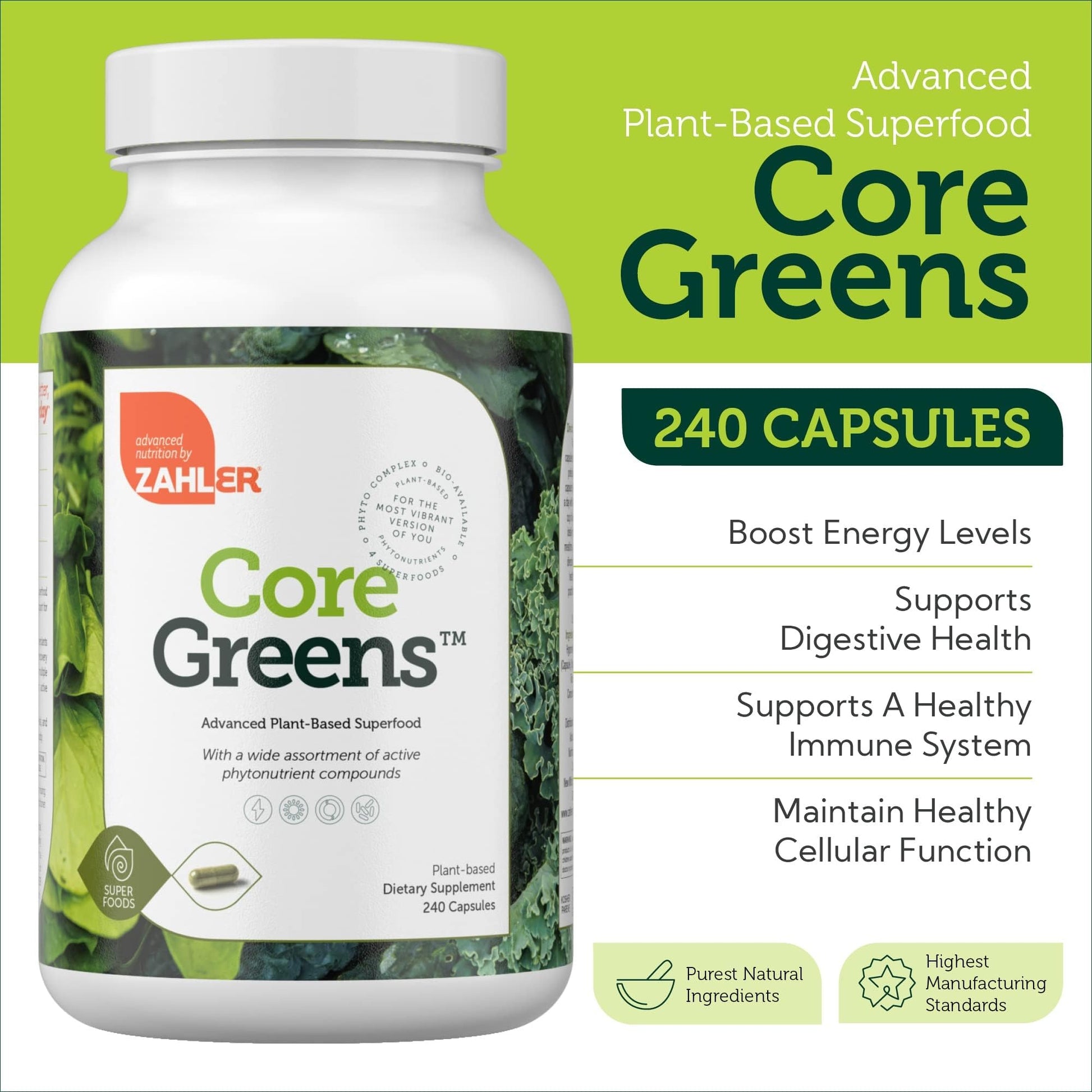 Zahler Core Greens, Superfood Greens Capsules, Super Greens with Spirulina, Chlorella, Spectra Blend and More, Kosher, 240 Capsule (240 Capsules) - dailyvitalstore