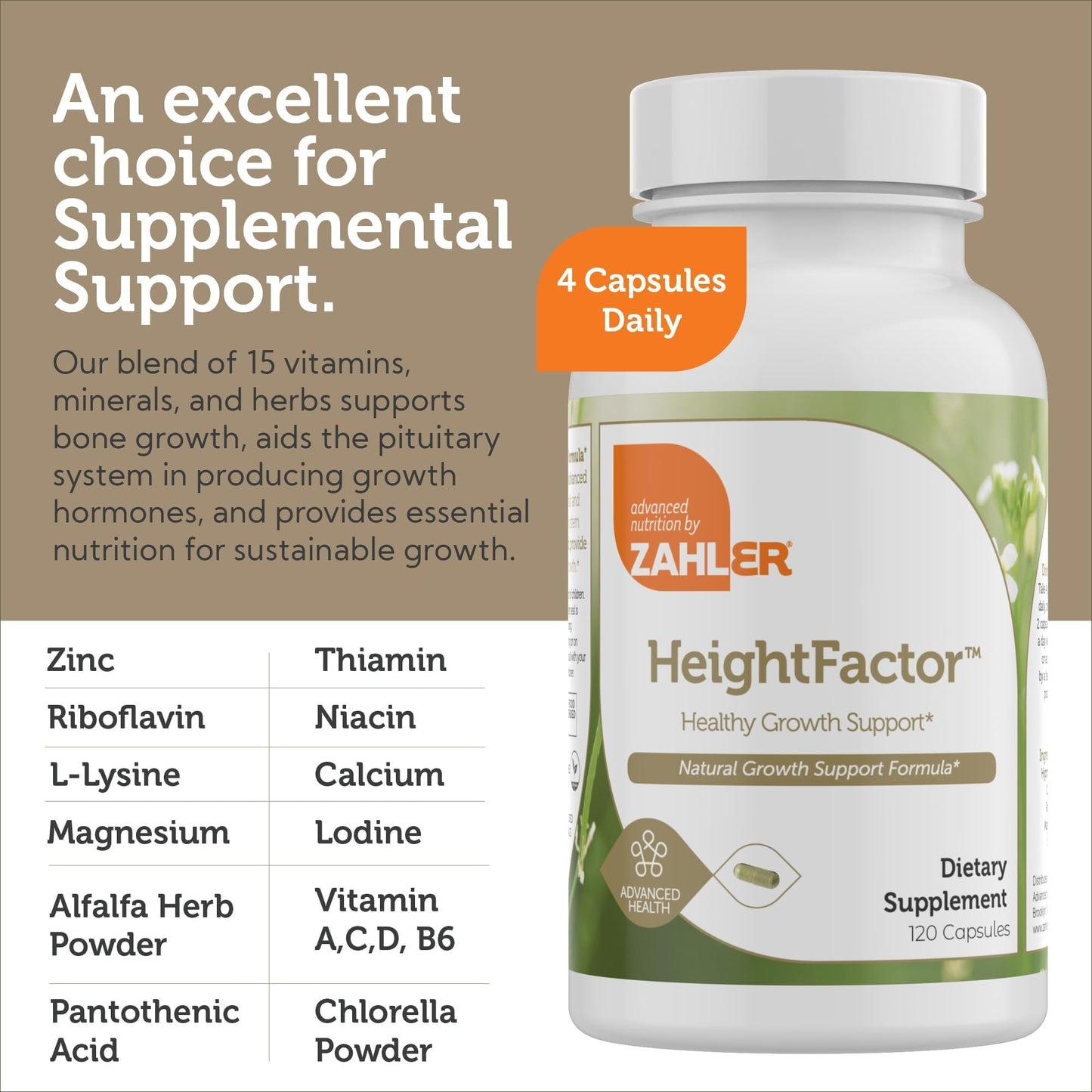 Zahler - Height Factor Healthy Growth Support Vitamin & Mineral Capsules (120 Count) - Kosher Height & Growth Supplement for Kids, Teens & Young Adults - Grow Taller Growth Hormone Support Nutrients - dailyvitalstore