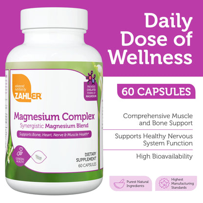 Zahler Magnesium Complex Supplement - Multi Magnesium Supplement Blend with Magnesium Glycinate, Malate, Aspartate, Taurinate and Oxide Plus Vitamin B6 - Bone Nerve Heart & Muscle Health (60 Capsules) - dailyvitalstore