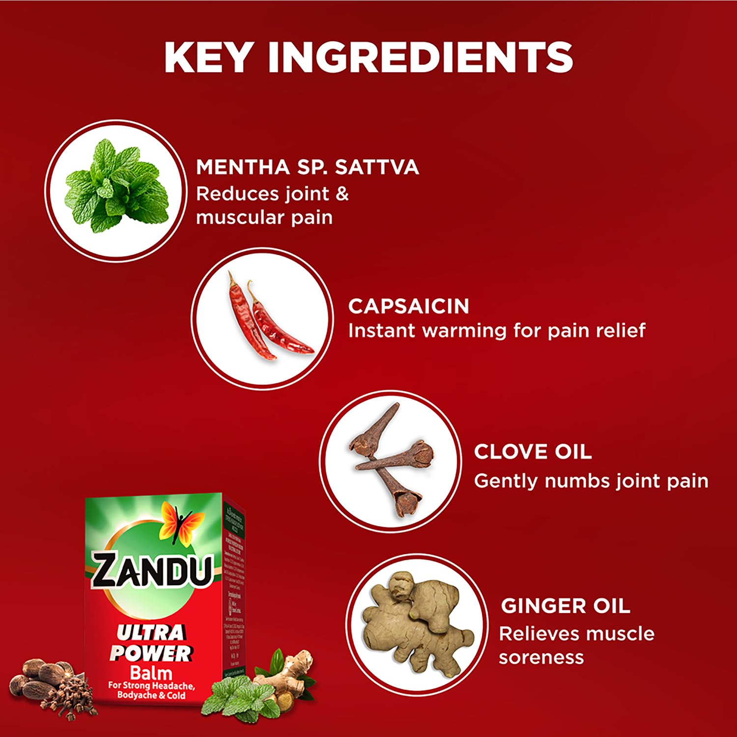 Zandu Ultra Red Balm | Ayurvedic Balm with Menthol, Camphor, Eucalyptus Oil | Relieves from Bodyache, Cold & Muscle Stiffness | Non Greasy & Fast Acting | 0.85 Fl Oz (Pack of 1) - dailyvitalstore