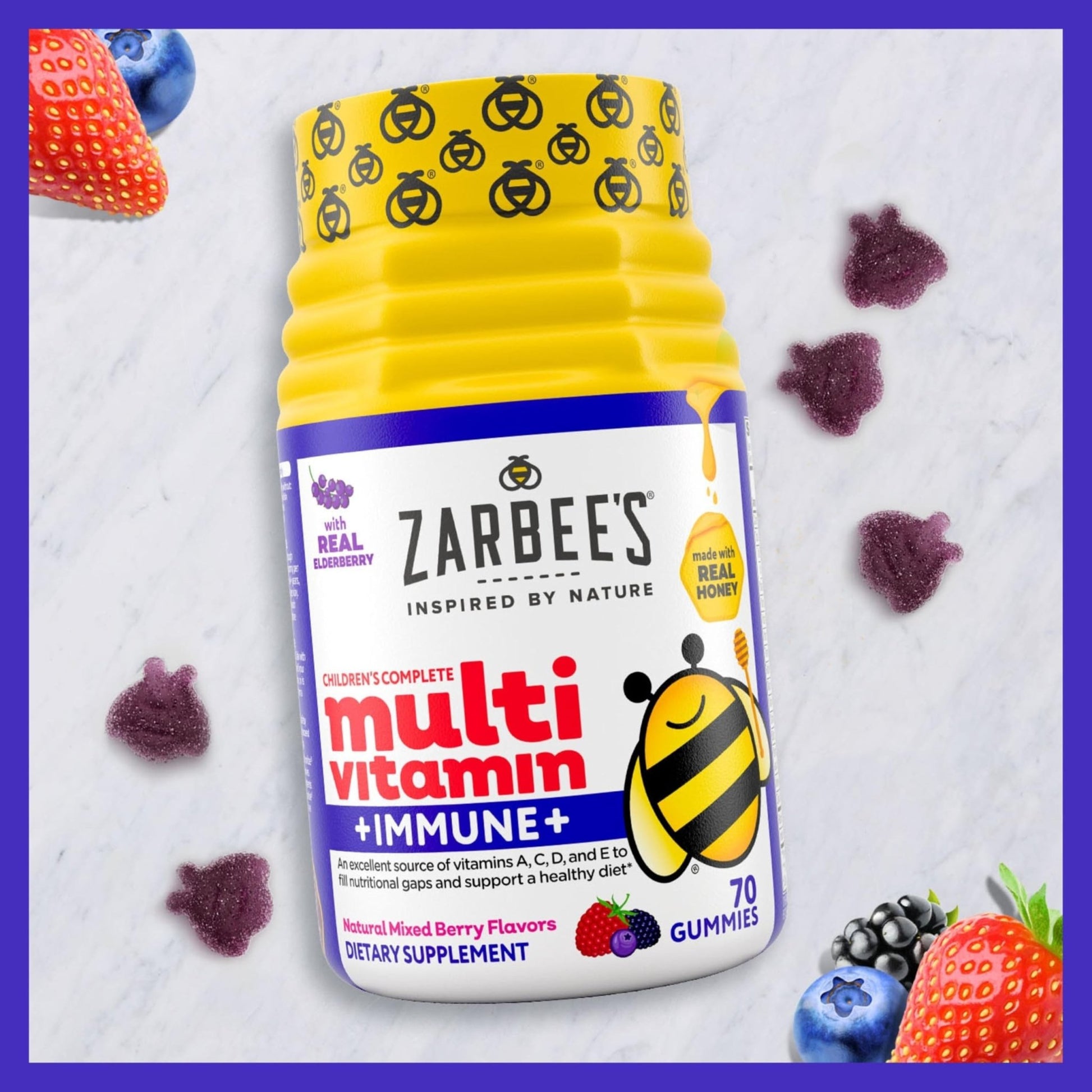 Zarbee’s Complete Kids Multivitamin Gummies + Immune Support, Berry Flavor, Honey-Sweetened, Gluten-Free & Gelatin-Free, Vitamins A, C, D3, E, B6, B12, - dailyvitalstore