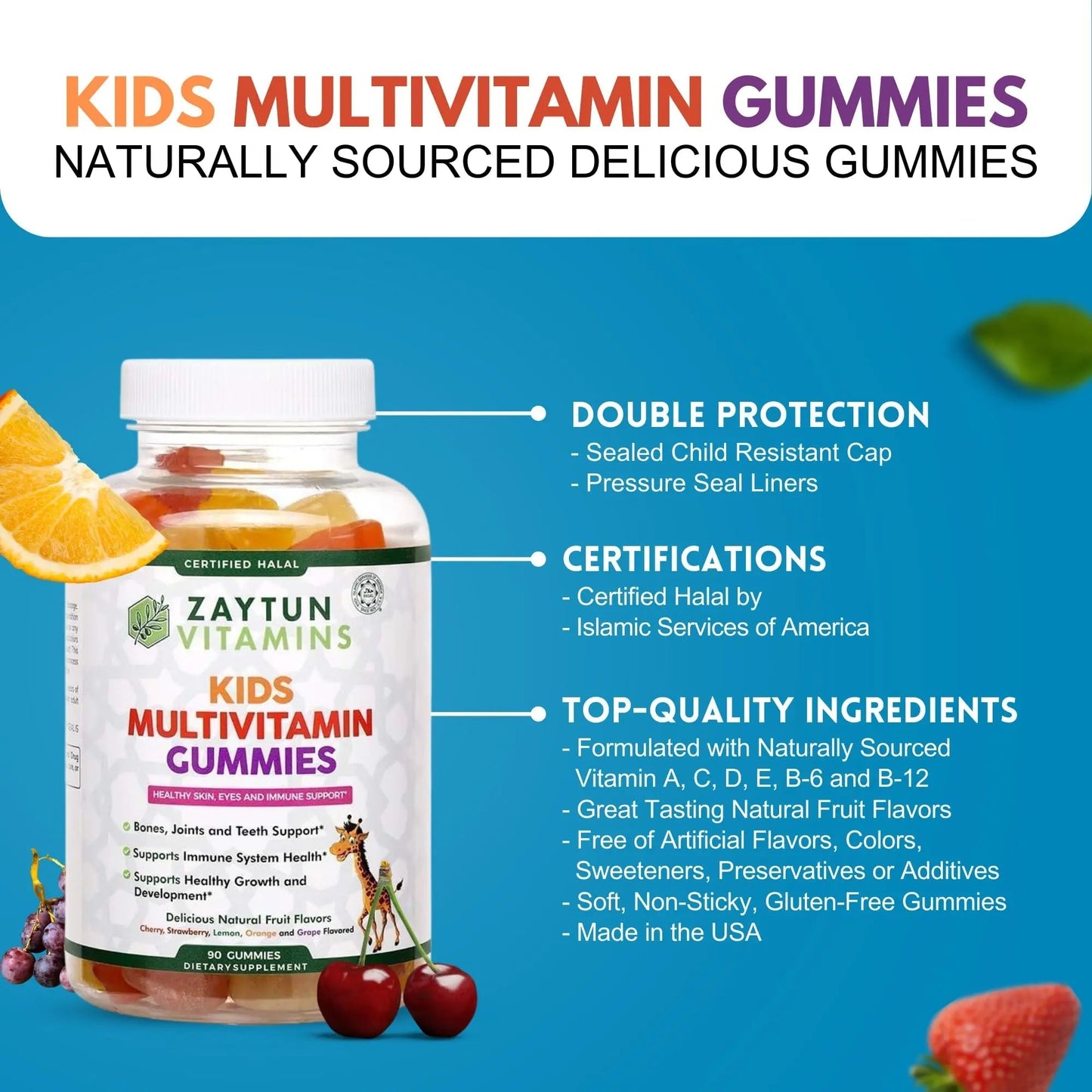 Zaytun Halal Vitamins for Kids Multivitamin Gummies, Naturally Sourced Vitamin A, C, D, E, B6, B12, Biotin - Vegetarian, No Gelatin - dailyvitalstore