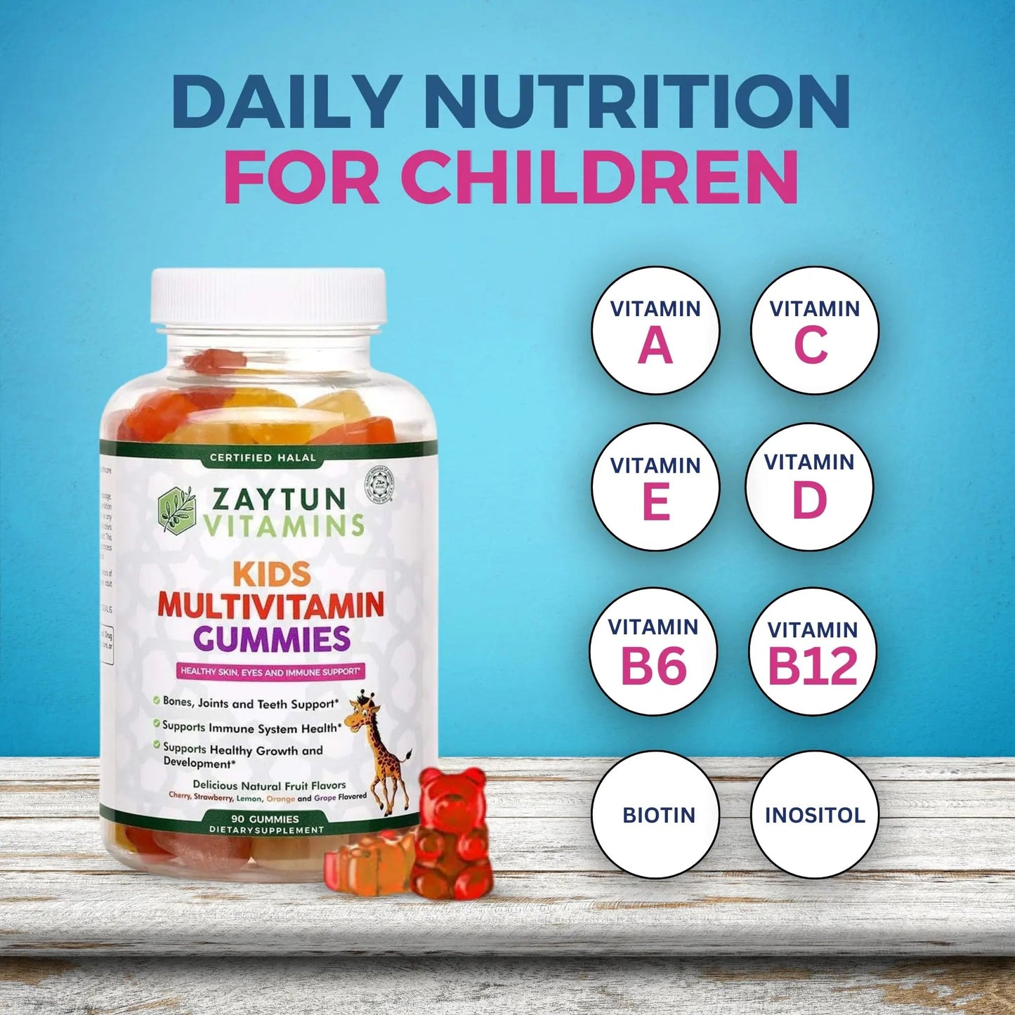 Zaytun Halal Vitamins for Kids Multivitamin Gummies, Naturally Sourced Vitamin A, C, D, E, B6, B12, Biotin - Vegetarian, No Gelatin - dailyvitalstore